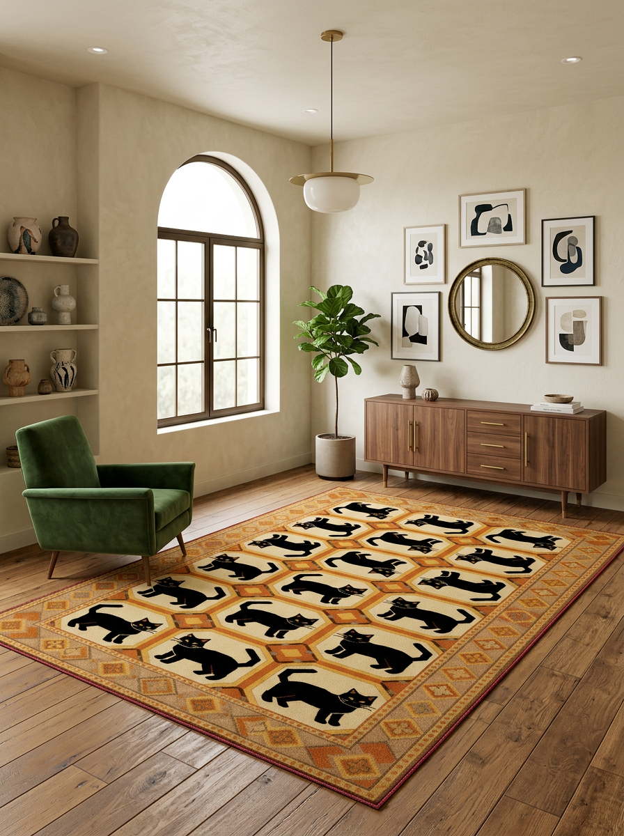Arte KD001 Kedi Desenli Pati Dostu Hayvanseverler Dekoratif Şönil Halı