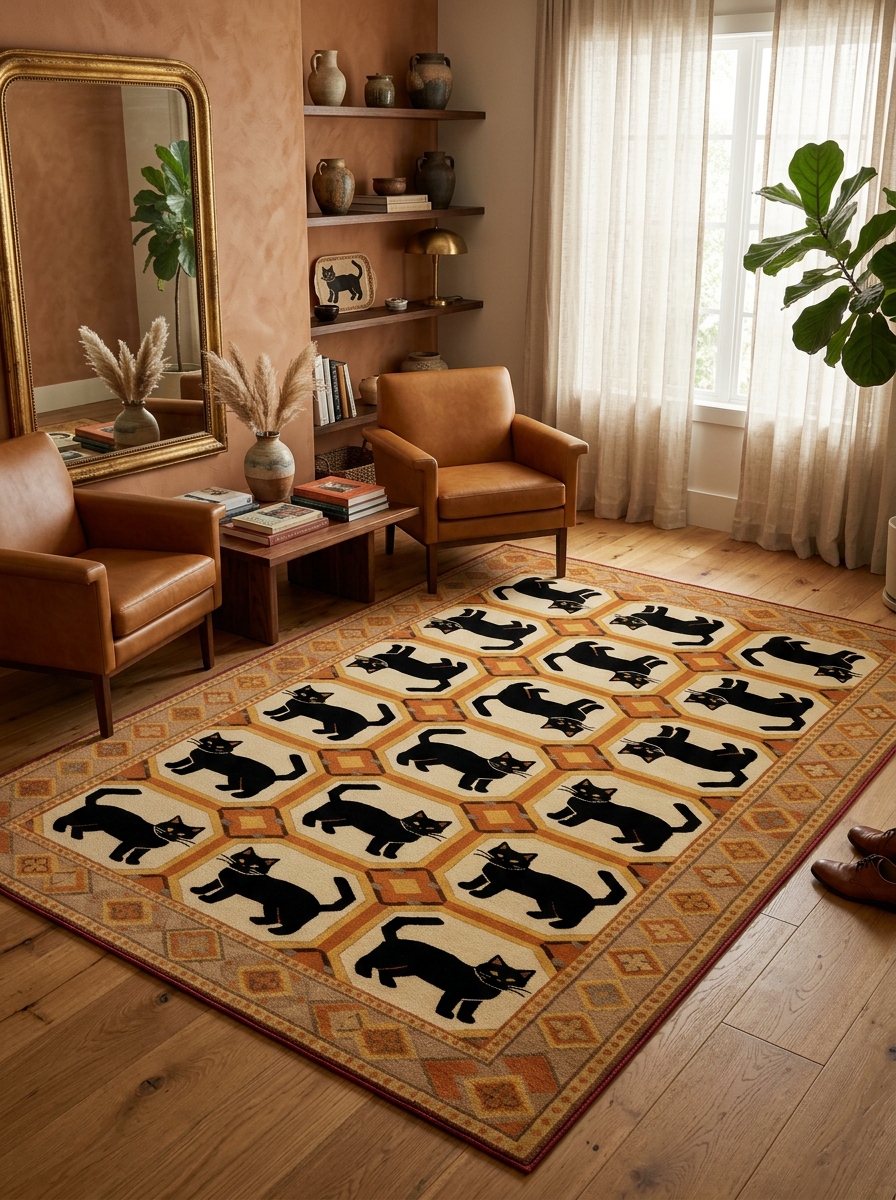 Arte KD001 Kedi Desenli Pati Dostu Hayvanseverler Dekoratif Şönil Halı