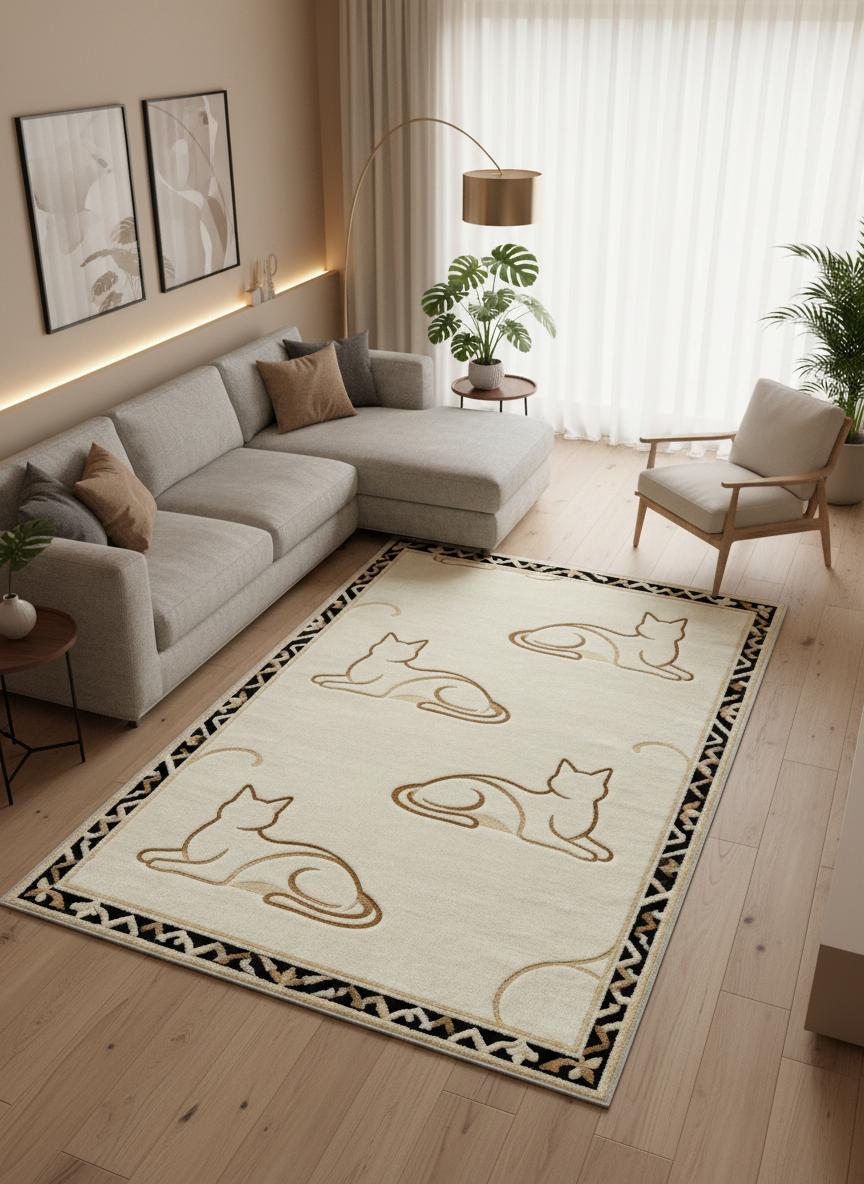 Arte KD004 Kedi Desenli Pati Dostu Hayvanseverler Dekoratif Şönil Halı