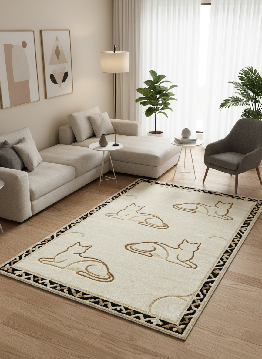 Arte KD004 Kedi Desenli Pati Dostu Hayvanseverler Dekoratif Şönil Halı