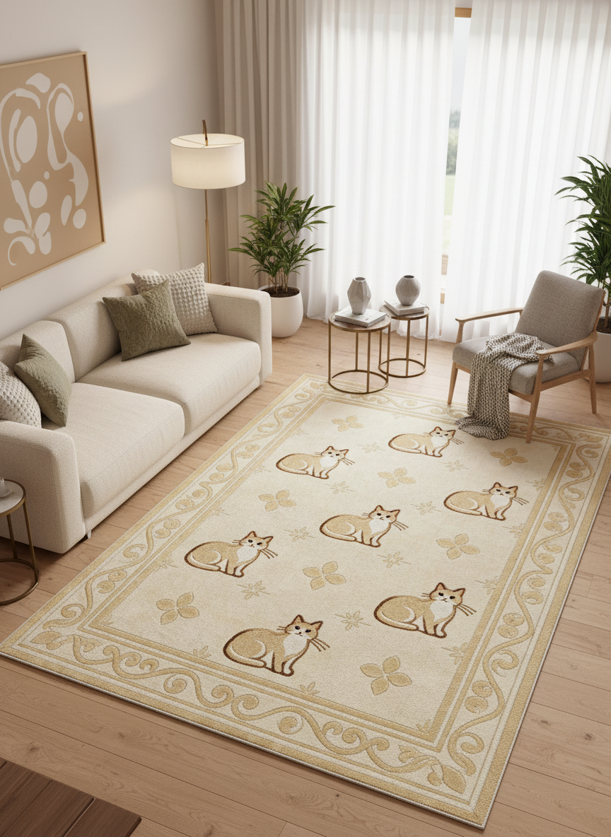Arte KD005 Kedi Desenli Pati Dostu Hayvanseverler Dekoratif Şönil Halı