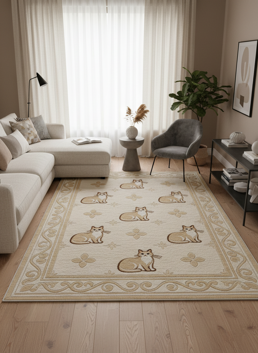 Arte KD005 Kedi Desenli Pati Dostu Hayvanseverler Dekoratif Şönil Halı