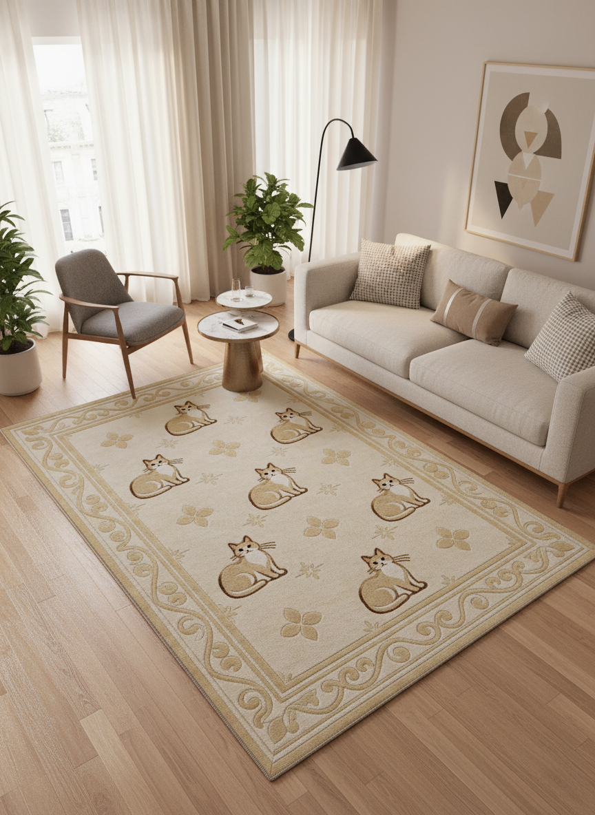 Arte KD005 Kedi Desenli Pati Dostu Hayvanseverler Dekoratif Şönil Halı