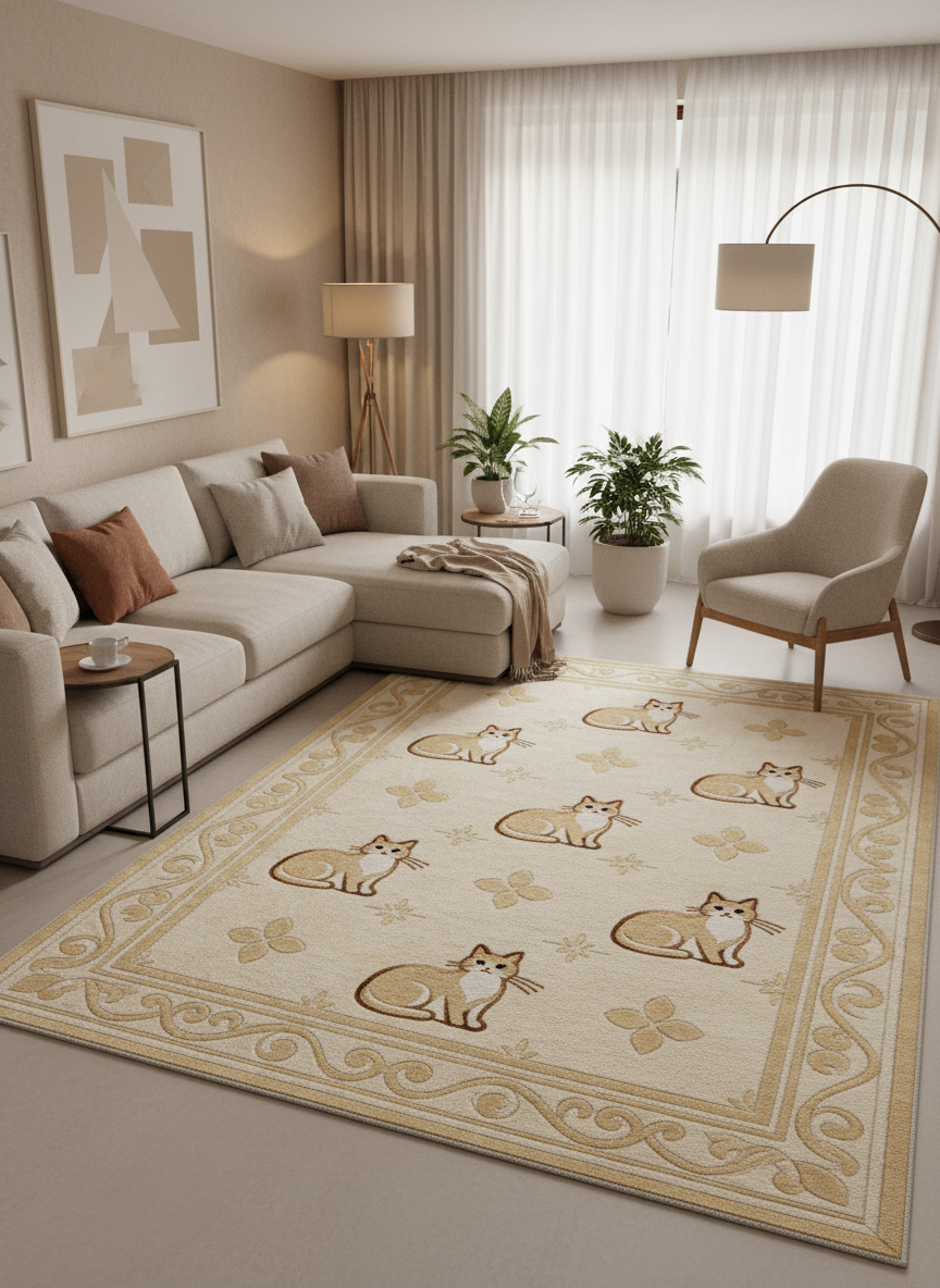 Arte KD005 Kedi Desenli Pati Dostu Hayvanseverler Dekoratif Şönil Halı