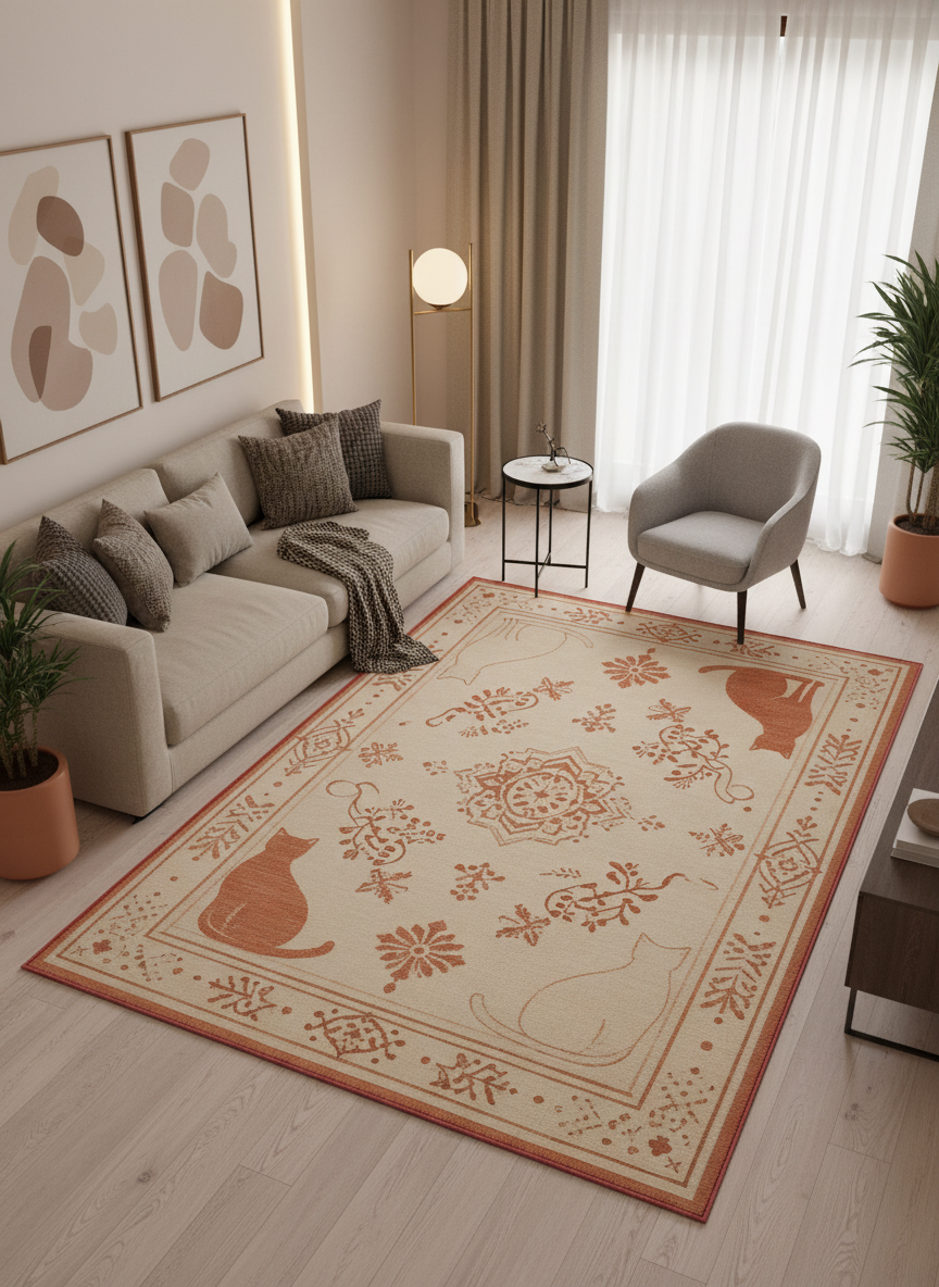 Arte KD010 Kedi Desenli Pati Dostu Hayvanseverler Dekoratif Şönil Halı