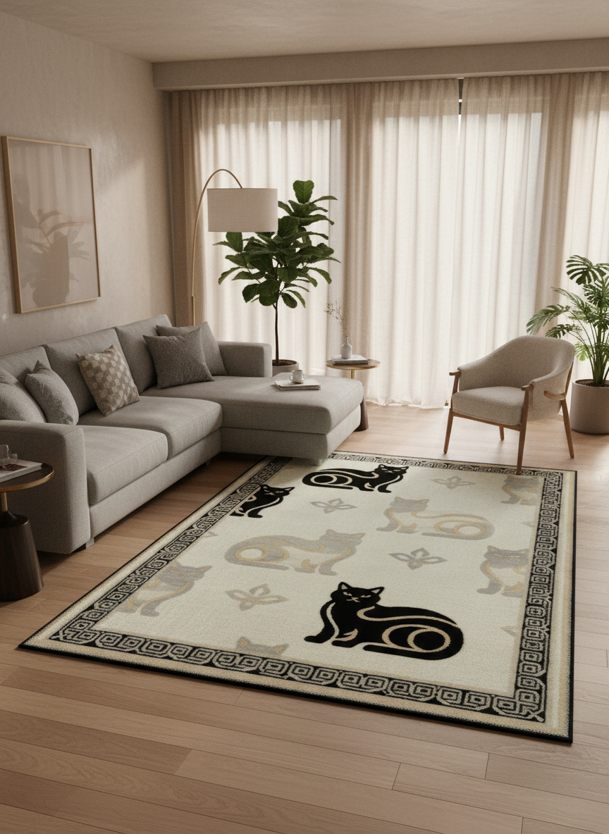 Arte KD015 Kedi Desenli Pati Dostu Hayvanseverler Dekoratif Şönil Halı