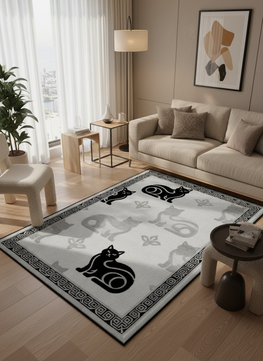 Arte KD016 Kedi Desenli Pati Dostu Hayvanseverler Dekoratif Şönil Halı