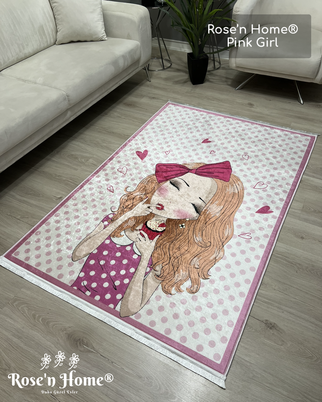 PİNK GİRL - Kaymaz Deri Taban Makinede Yıkanabilir Salon Oturma Odası Mutfak Halısı