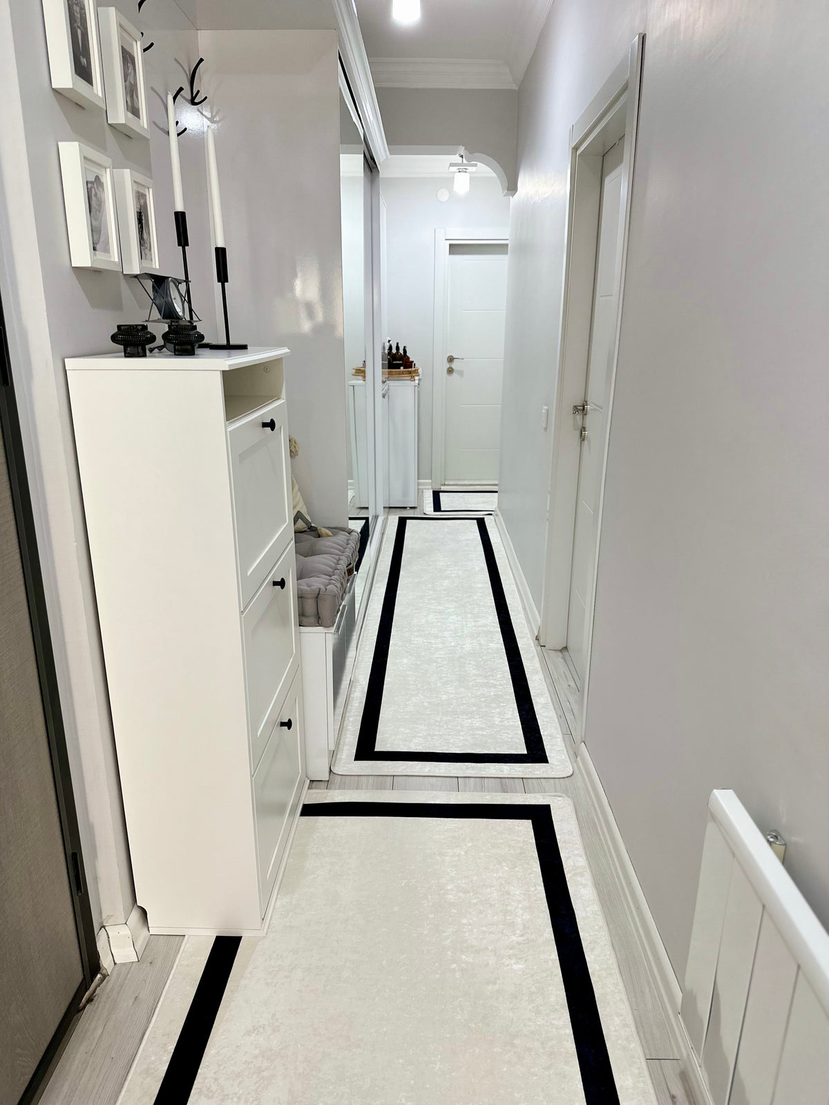 FRAME LİNE BEYAZ - Kaymaz Deri Taban Makinede Yıkanabilir Salon Oturma Odası Mutfak Halısı