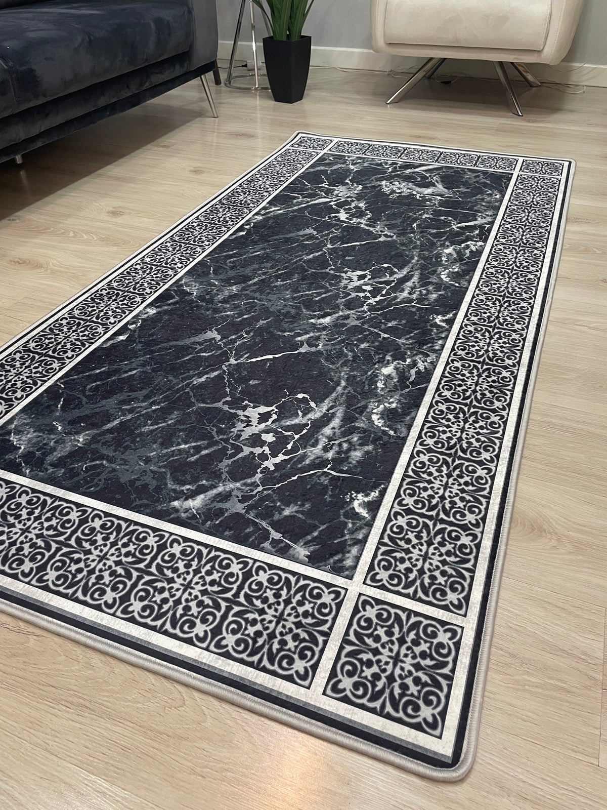 LOREN SİYAH - Kaymaz Deri Taban Makinede Yıkanabilir Salon Oturma Odası Mutfak Halısı