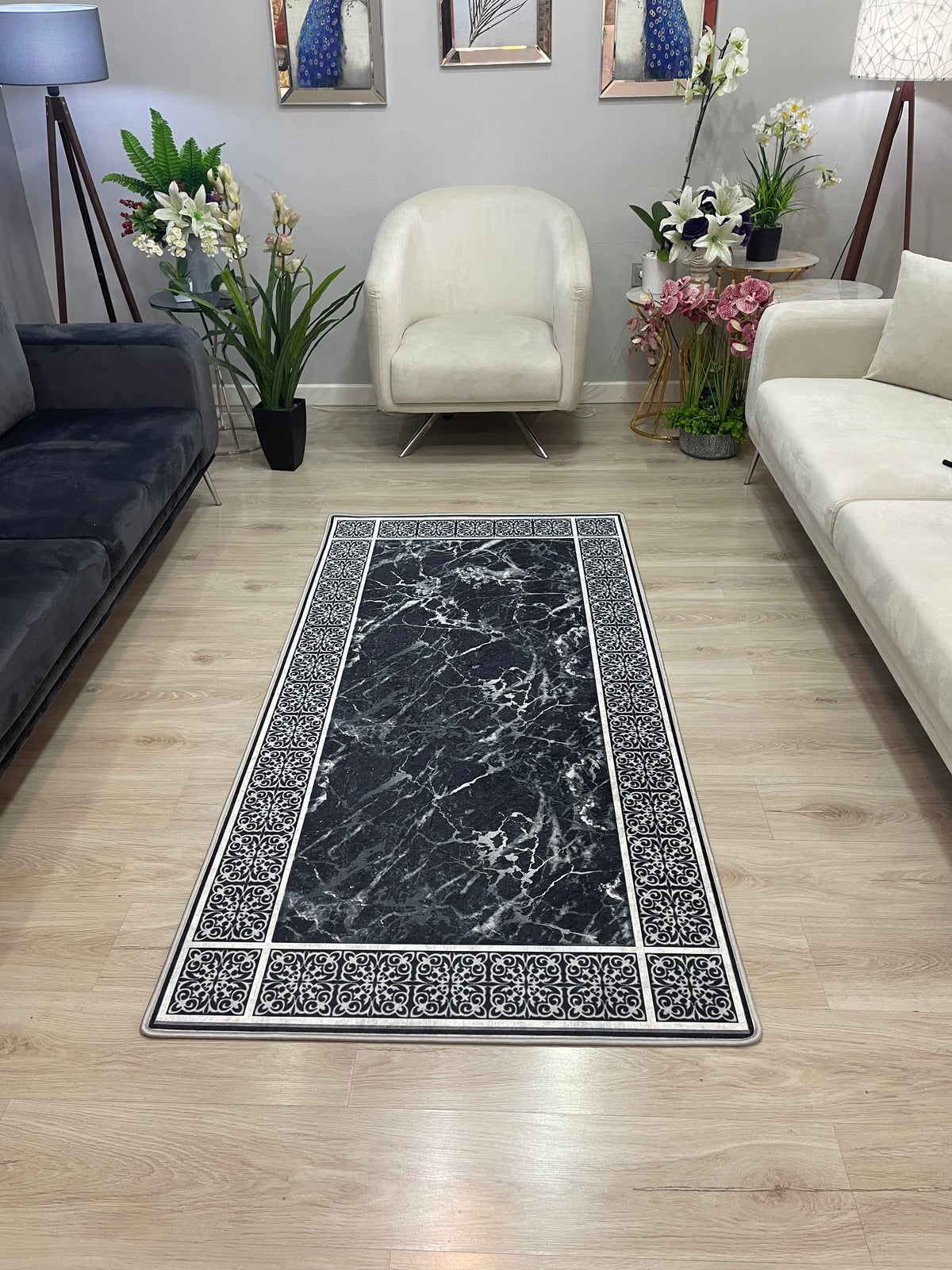 LOREN SİYAH - Kaymaz Deri Taban Makinede Yıkanabilir Salon Oturma Odası Mutfak Halısı