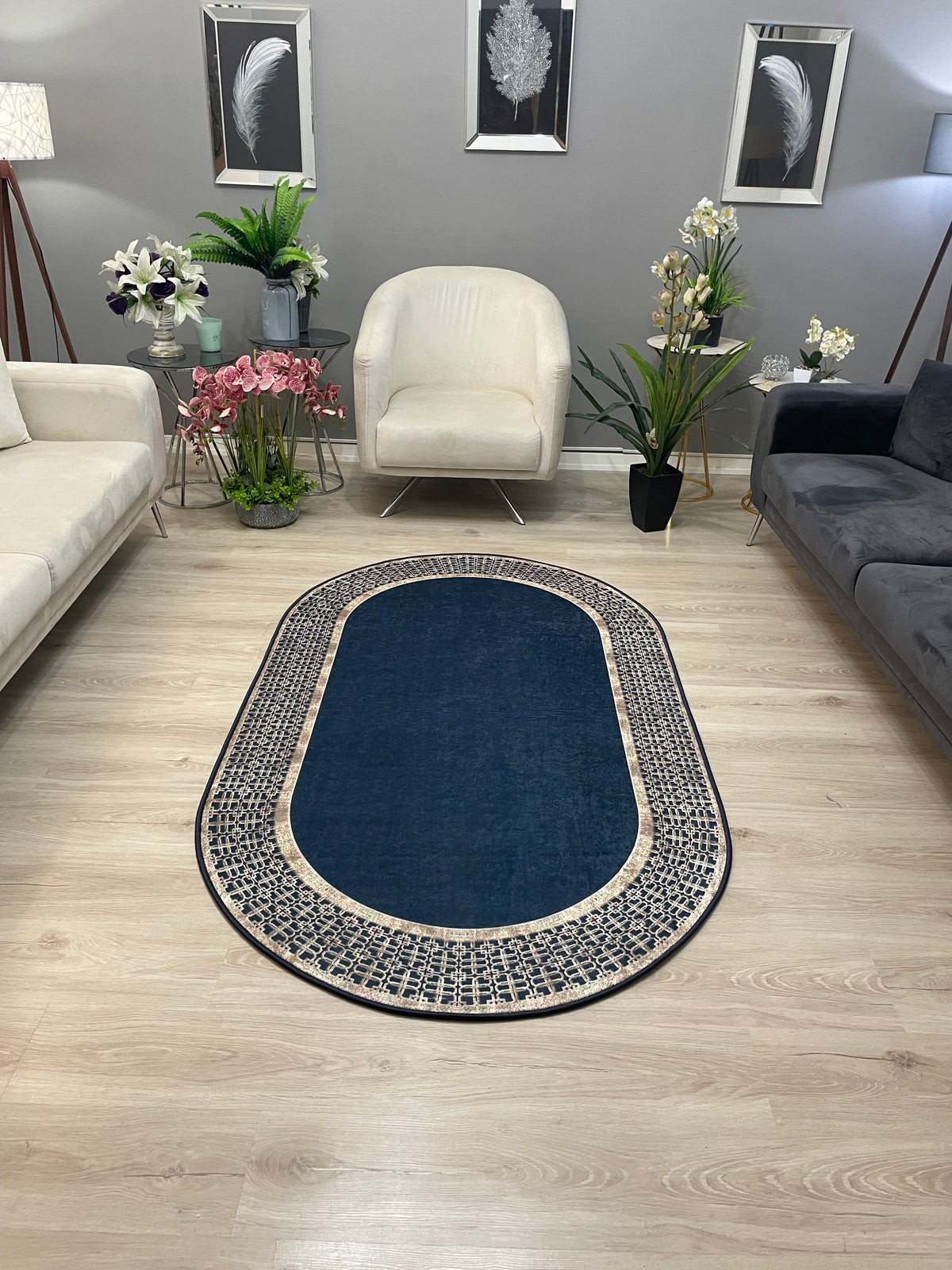 MENARİ BOLD LACİVERT - Kaymaz Deri Taban Makinede Yıkanabilir Salon Oturma Odası Mutfak Halısı