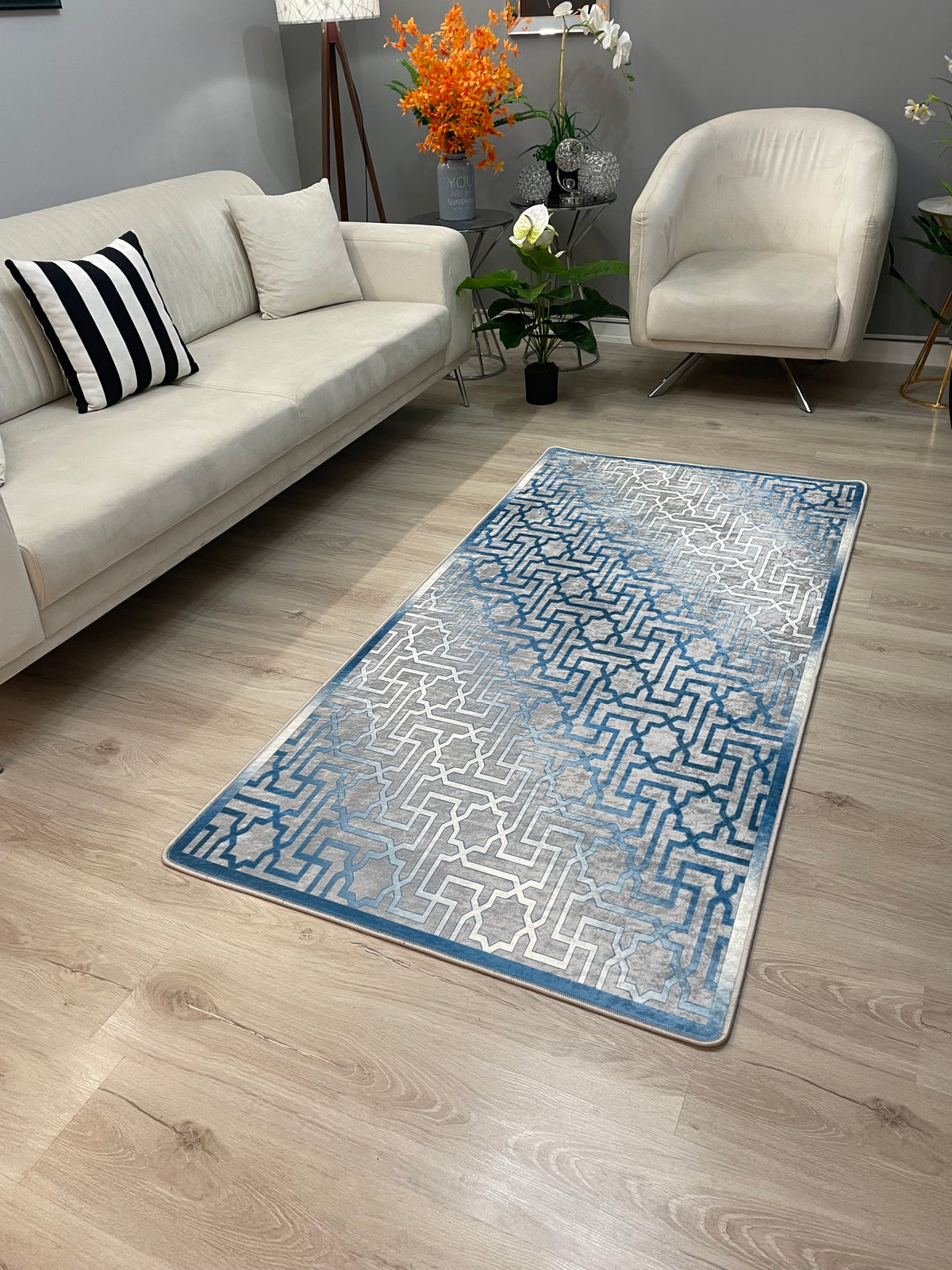 LİSBURN MAVİ - Kaymaz Deri Taban Makinede Yıkanabilir Salon Oturma Odası Mutfak Halısı