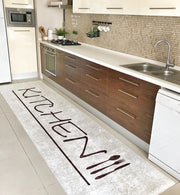 KİTCHEN KREM KAHVE - Kaymaz Deri Taban Makinede Yıkanabilir Salon Oturma Odası Mutfak Halısı