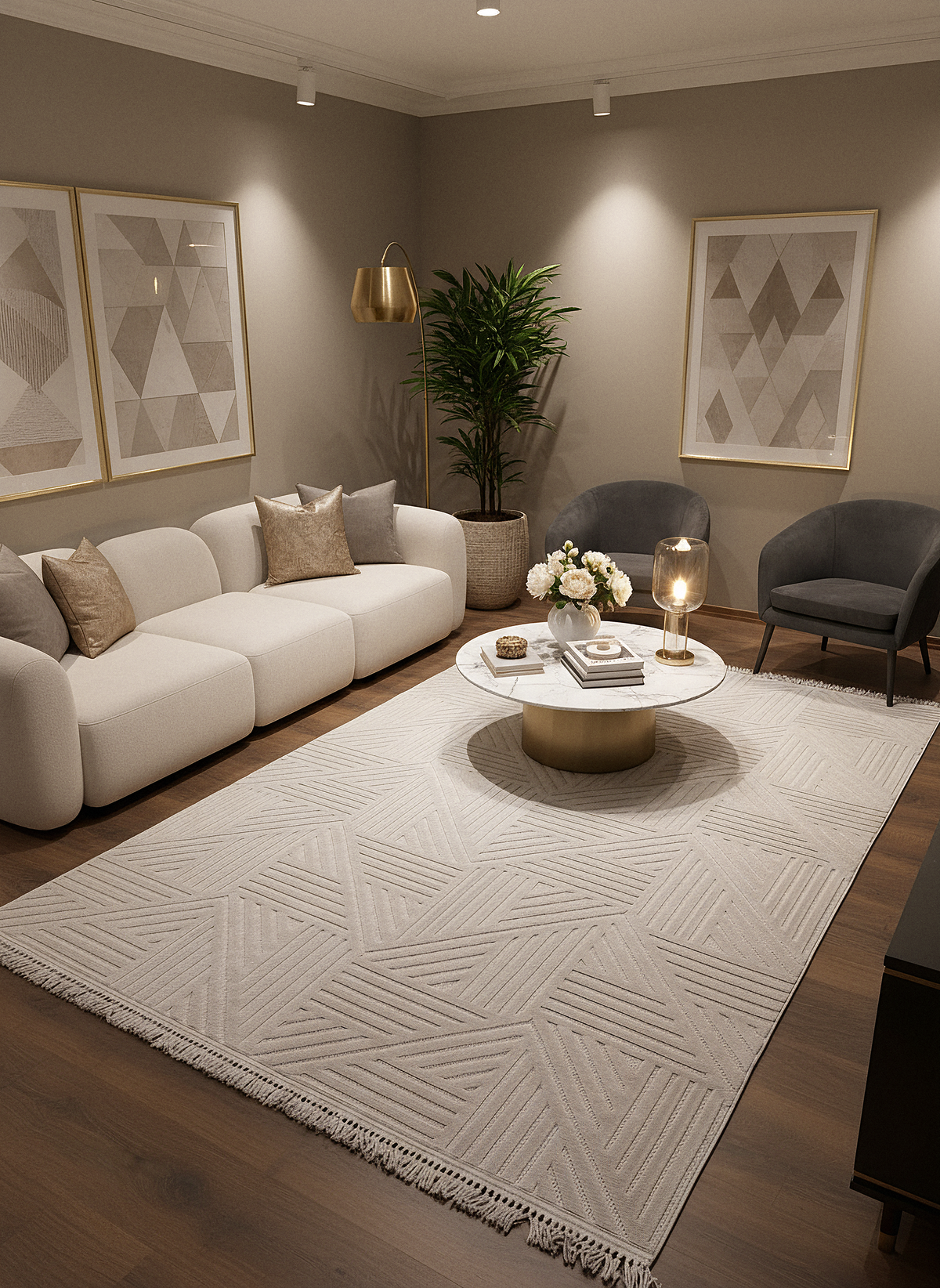 MİLAS C14-BEJ Kabartmalı Modern Geometrik Desenli Salon Koridor Mutfak Halısı