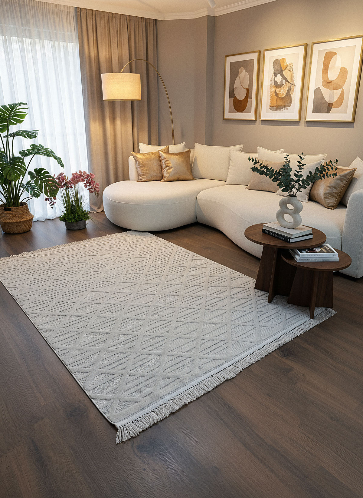 MİLAS C8-BEJ Kabartmalı Modern Geometrik Desenli Salon Koridor Mutfak Halısı