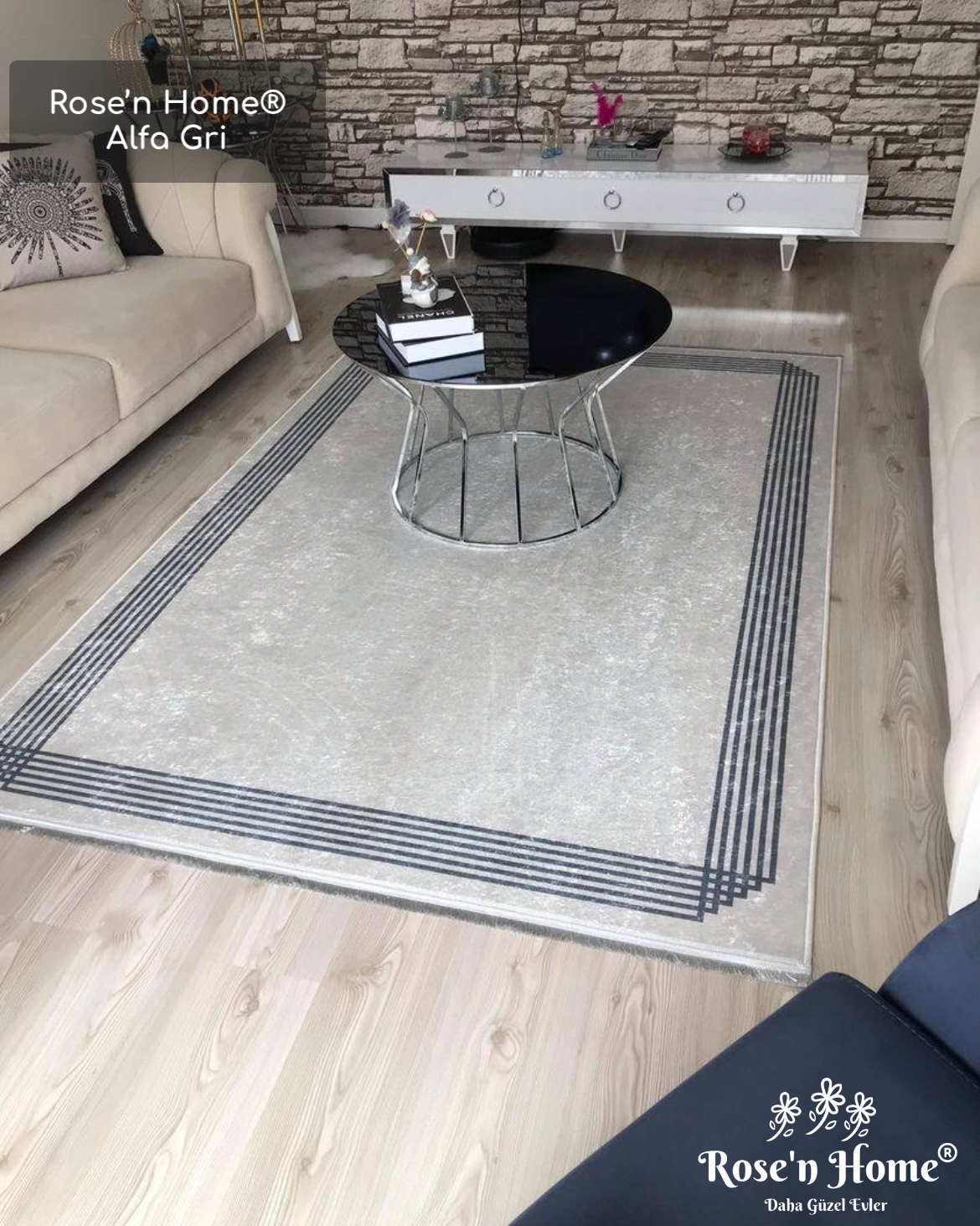 ALFA GRİ - Kaymaz Deri Taban Makinede Yıkanabilir Salon Oturma Odası Mutfak Halısı