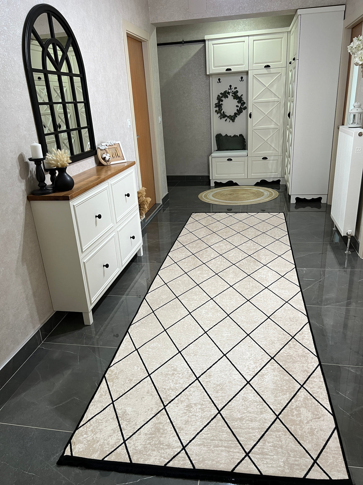 SAHRA KREM - Kaymaz Deri Taban Makinede Yıkanabilir Salon Oturma Odası Mutfak Halısı