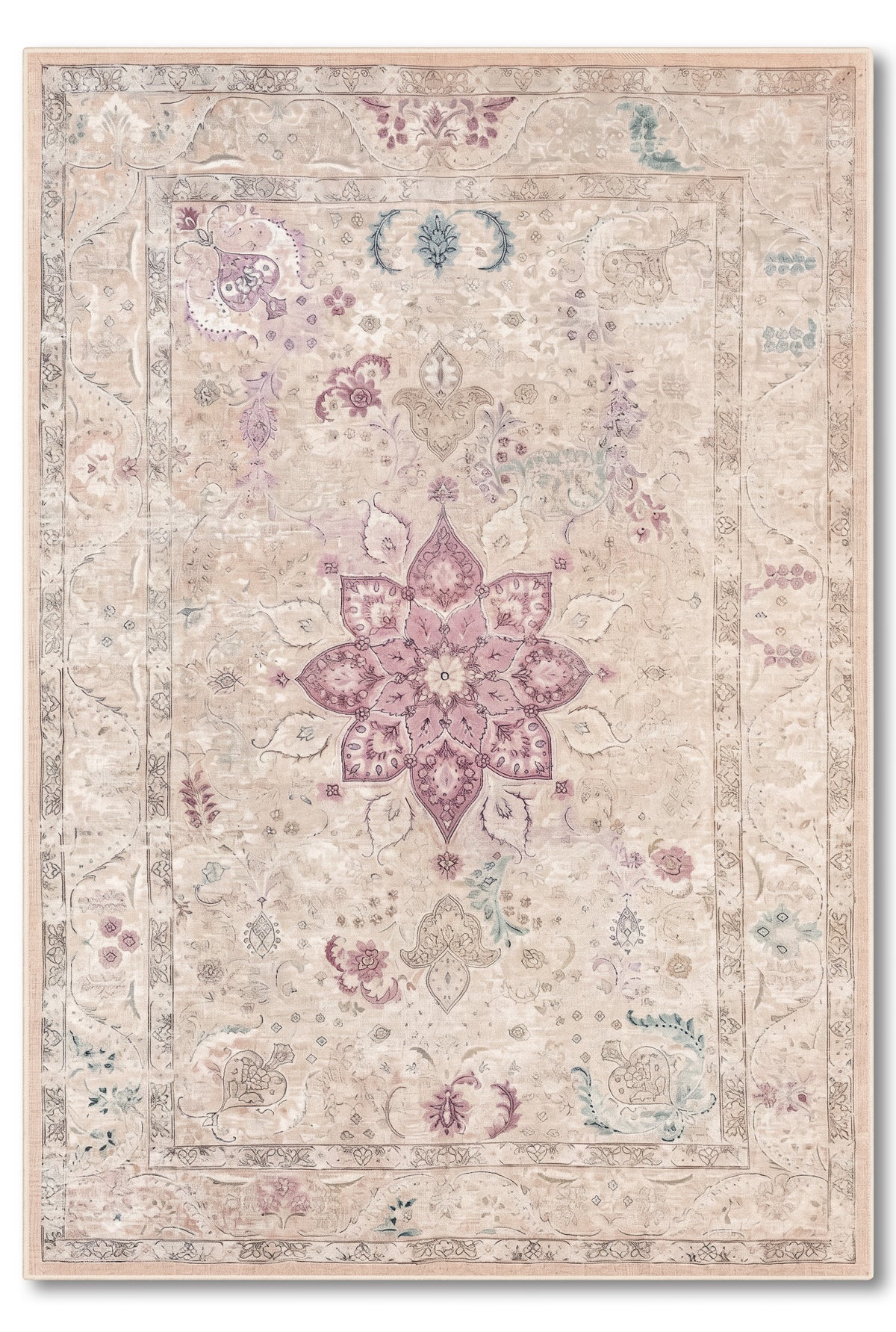yıkanabilir kaymaz taban şönil dokuma halı 80x150 bej; gul-kurusu