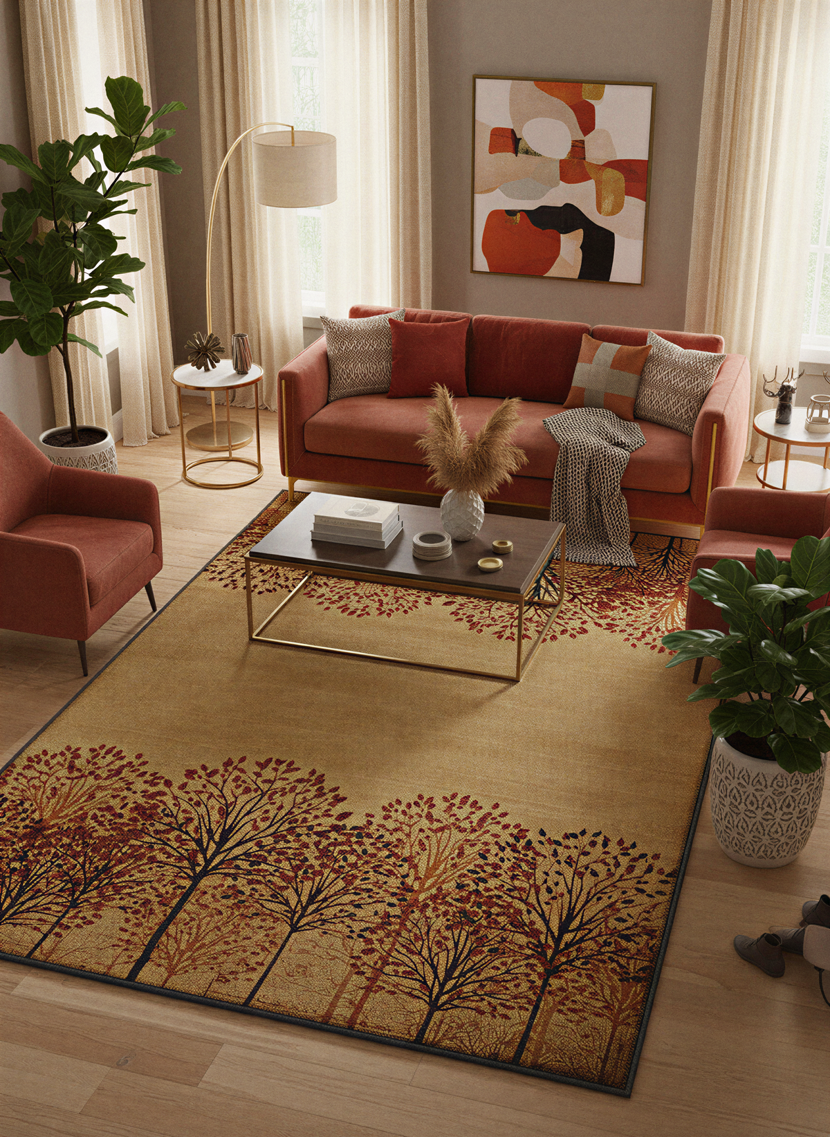 Arte HD024 Ağaç Desenli Modern Dekoratif Şönil Halı