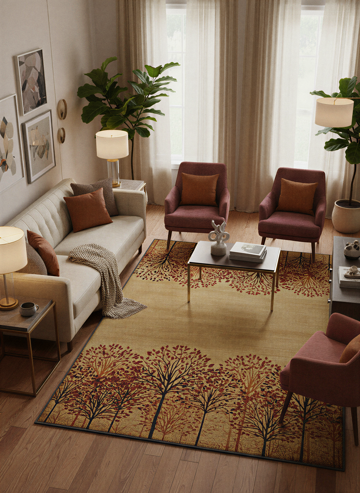 Arte HD024 Ağaç Desenli Modern Dekoratif Şönil Halı