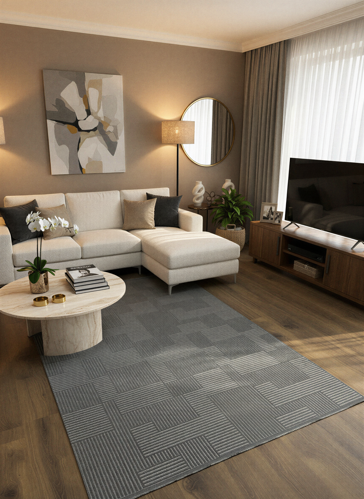 MYRA PERA 452 Antrasit Geometrik Desenli Modern Salon Mutfak Koridor Balkon Halısı