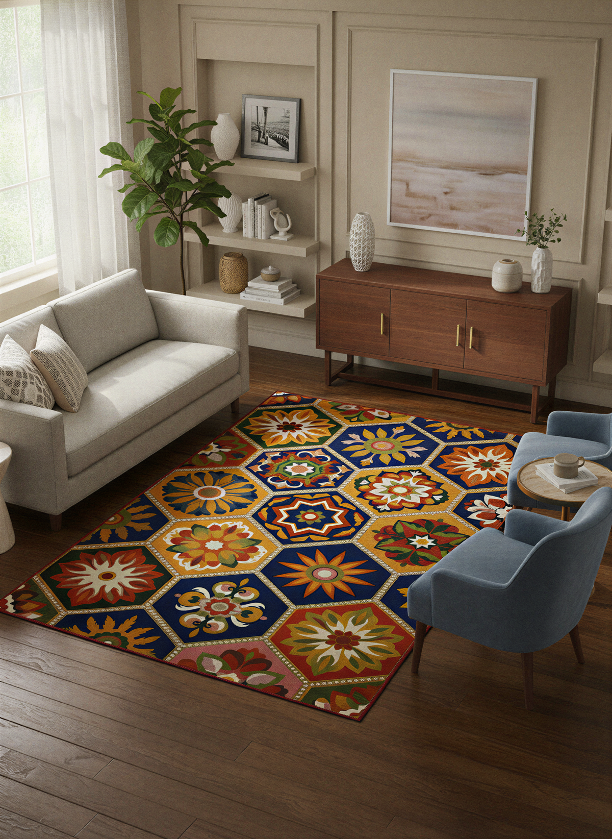 Arte HD040 Geometrik Çiçek Figürlü Modern Renkli Dekoratif Şönil Halı