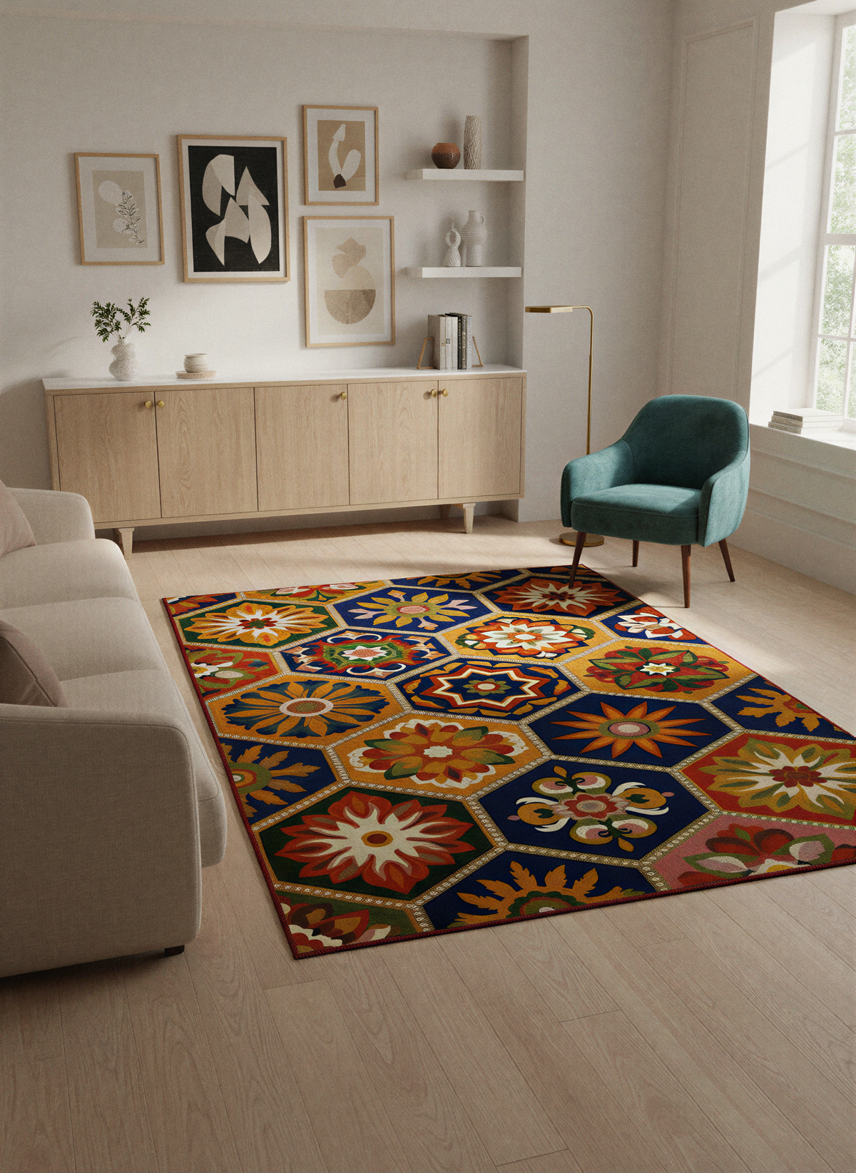 Arte HD040 Geometrik Çiçek Figürlü Modern Renkli Dekoratif Şönil Halı