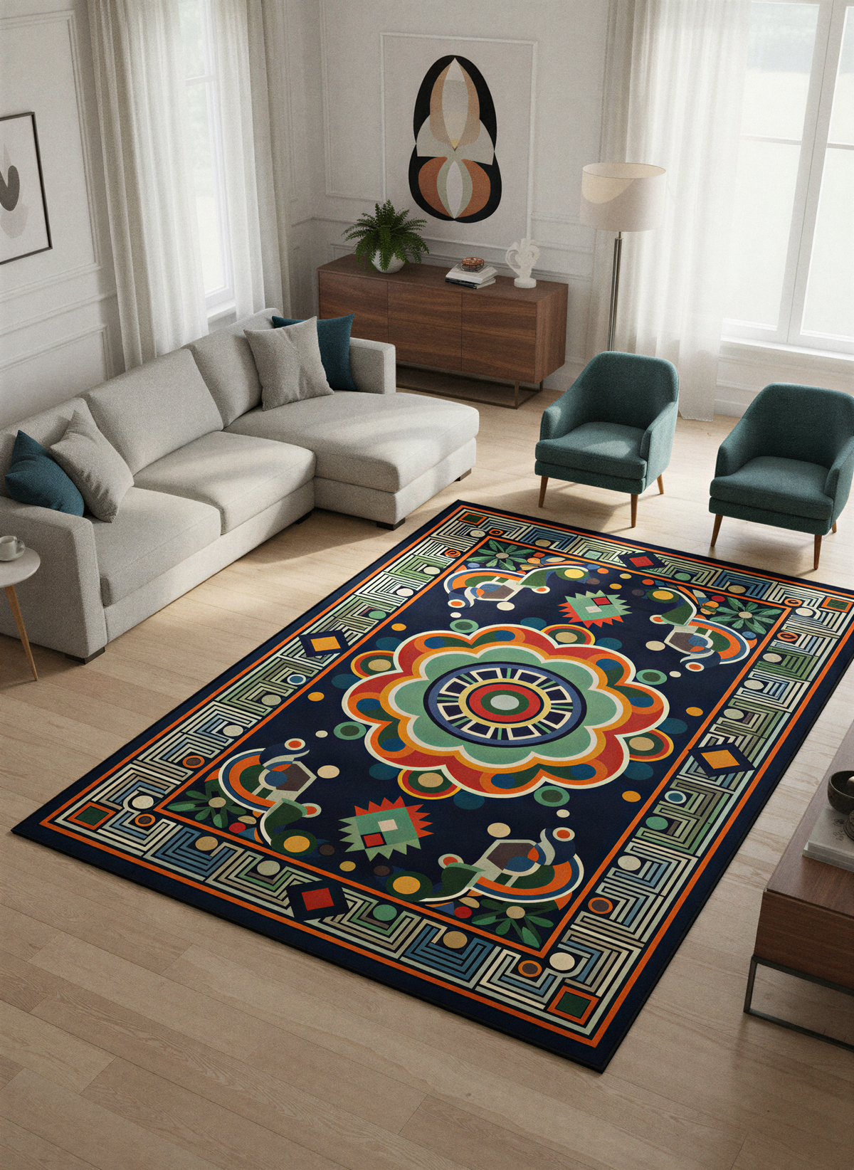 Arte HD036 Klasik Geometrik Desenli Renkli Dekoratif Şönil Halı