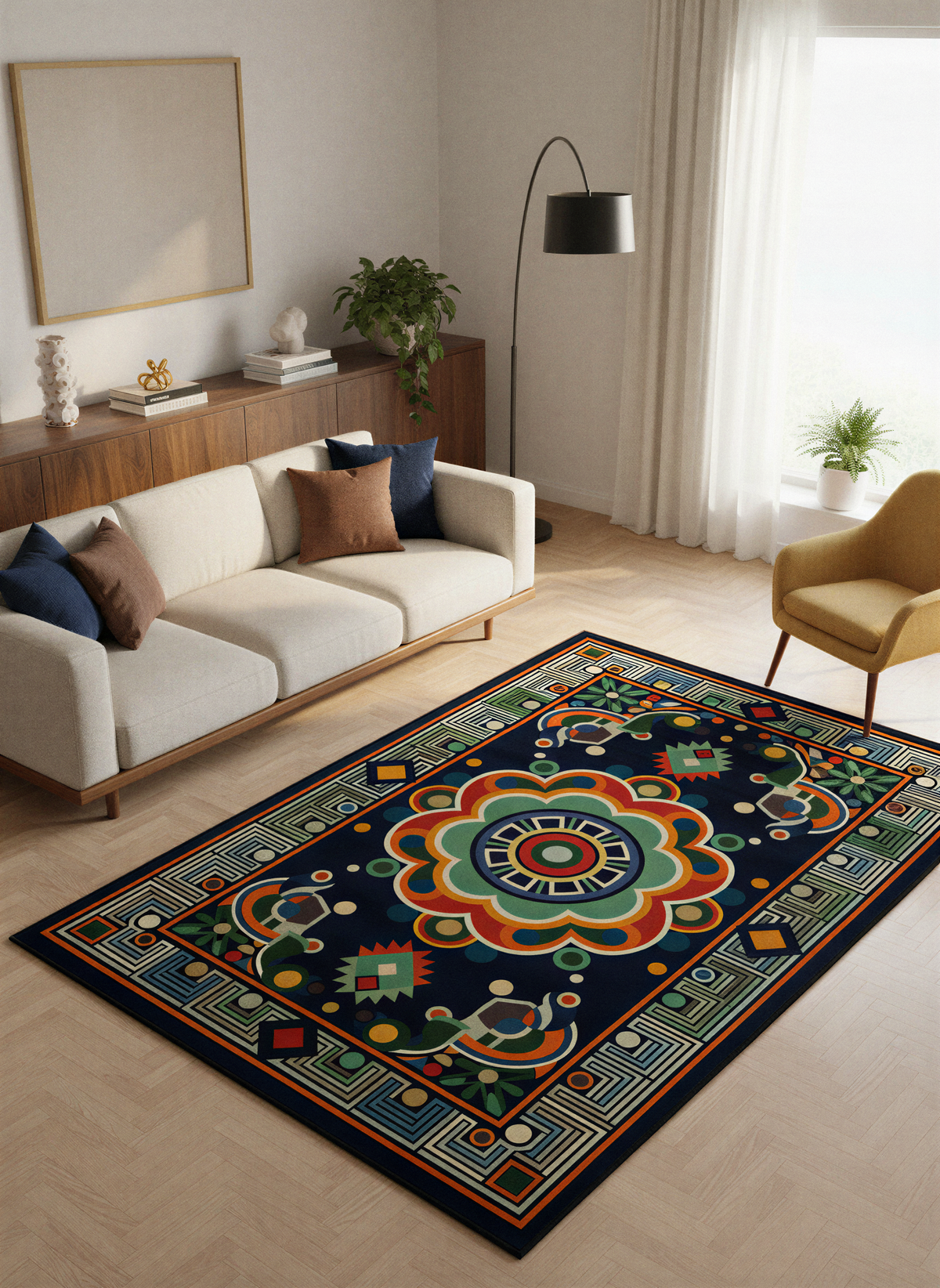 Arte HD036 Klasik Geometrik Desenli Renkli Dekoratif Şönil Halı
