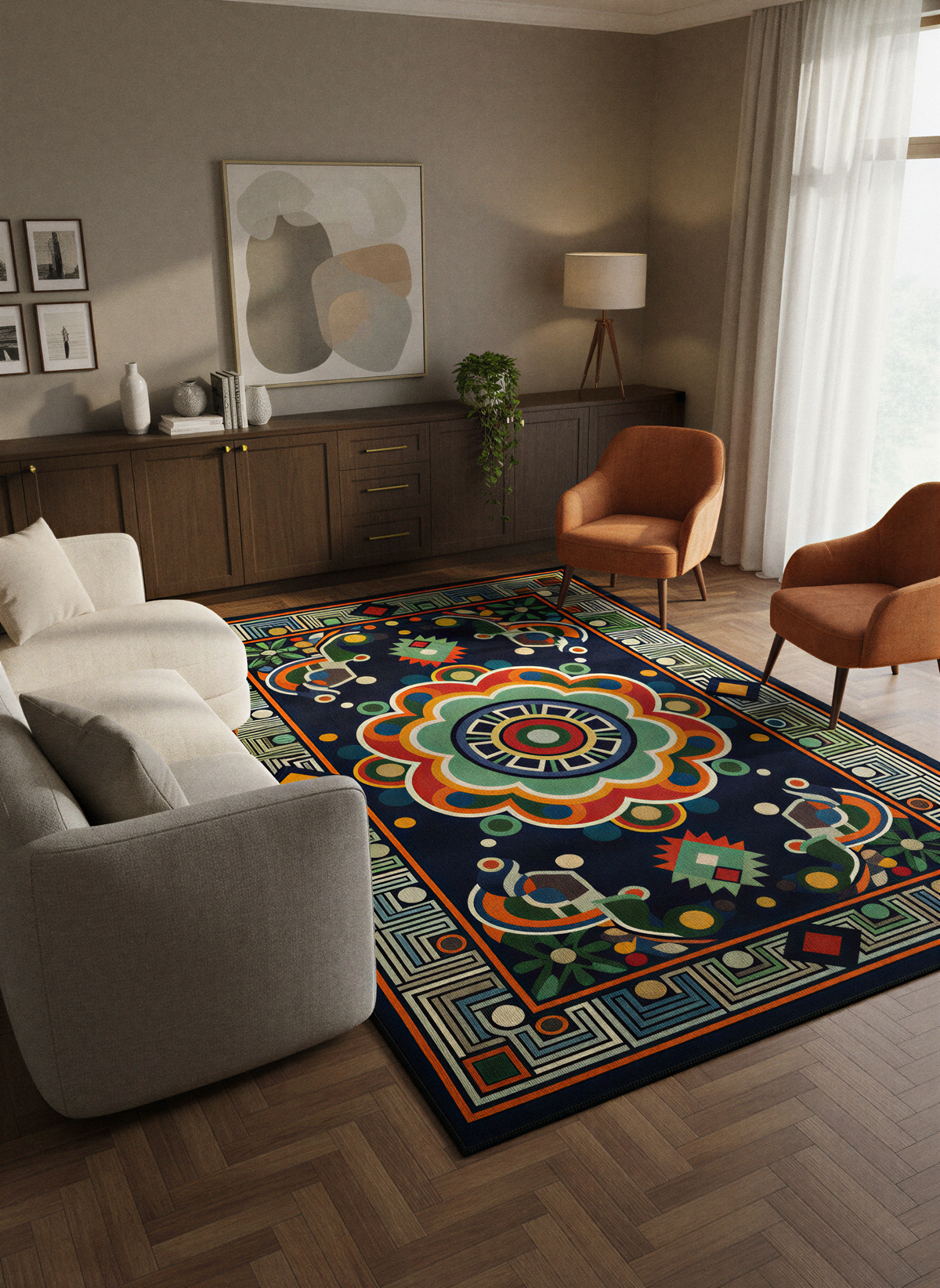 Arte HD036 Klasik Geometrik Desenli Renkli Dekoratif Şönil Halı