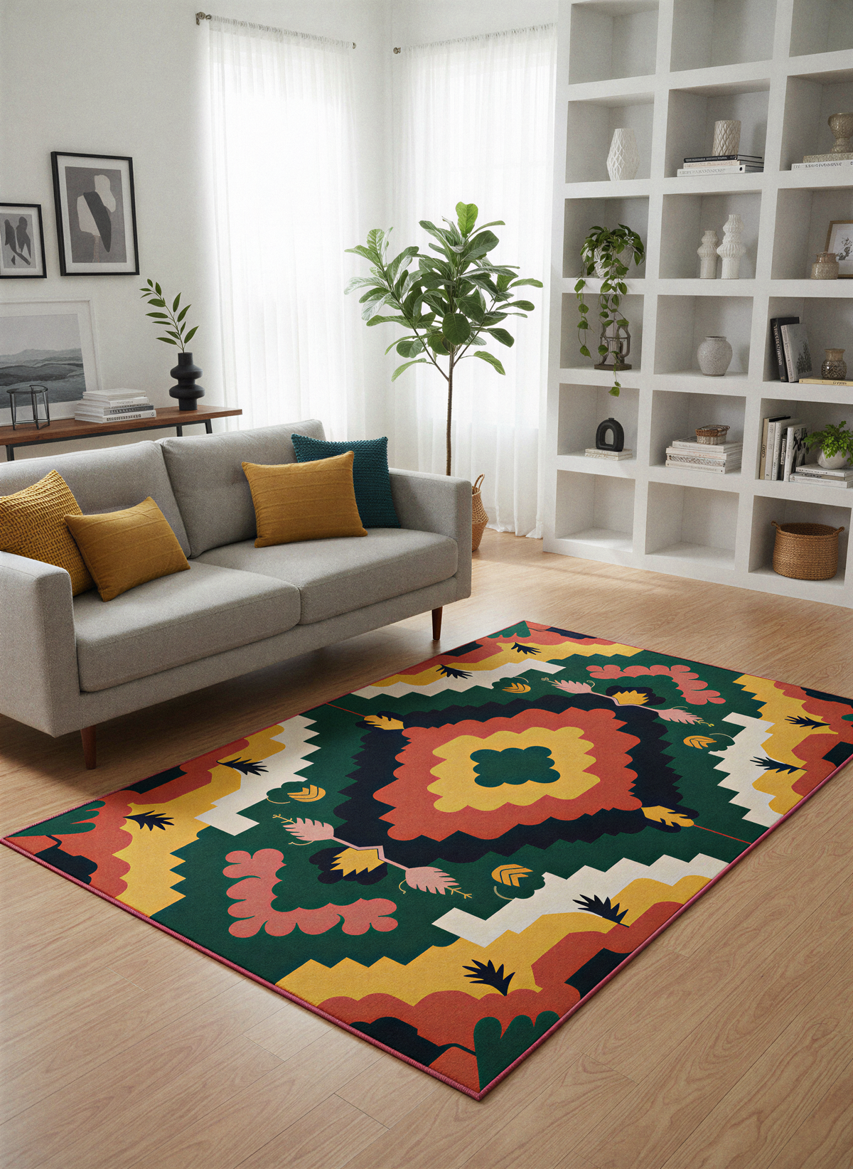 Arte HD033 Çiçek Figürlü Renkli Geometrik Desenli Dekoratif Şönil Halı