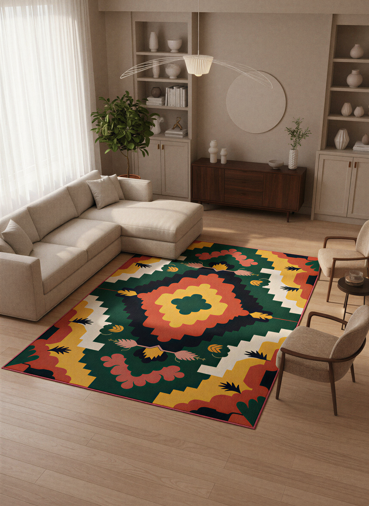 Arte HD033 Çiçek Figürlü Renkli Geometrik Desenli Dekoratif Şönil Halı