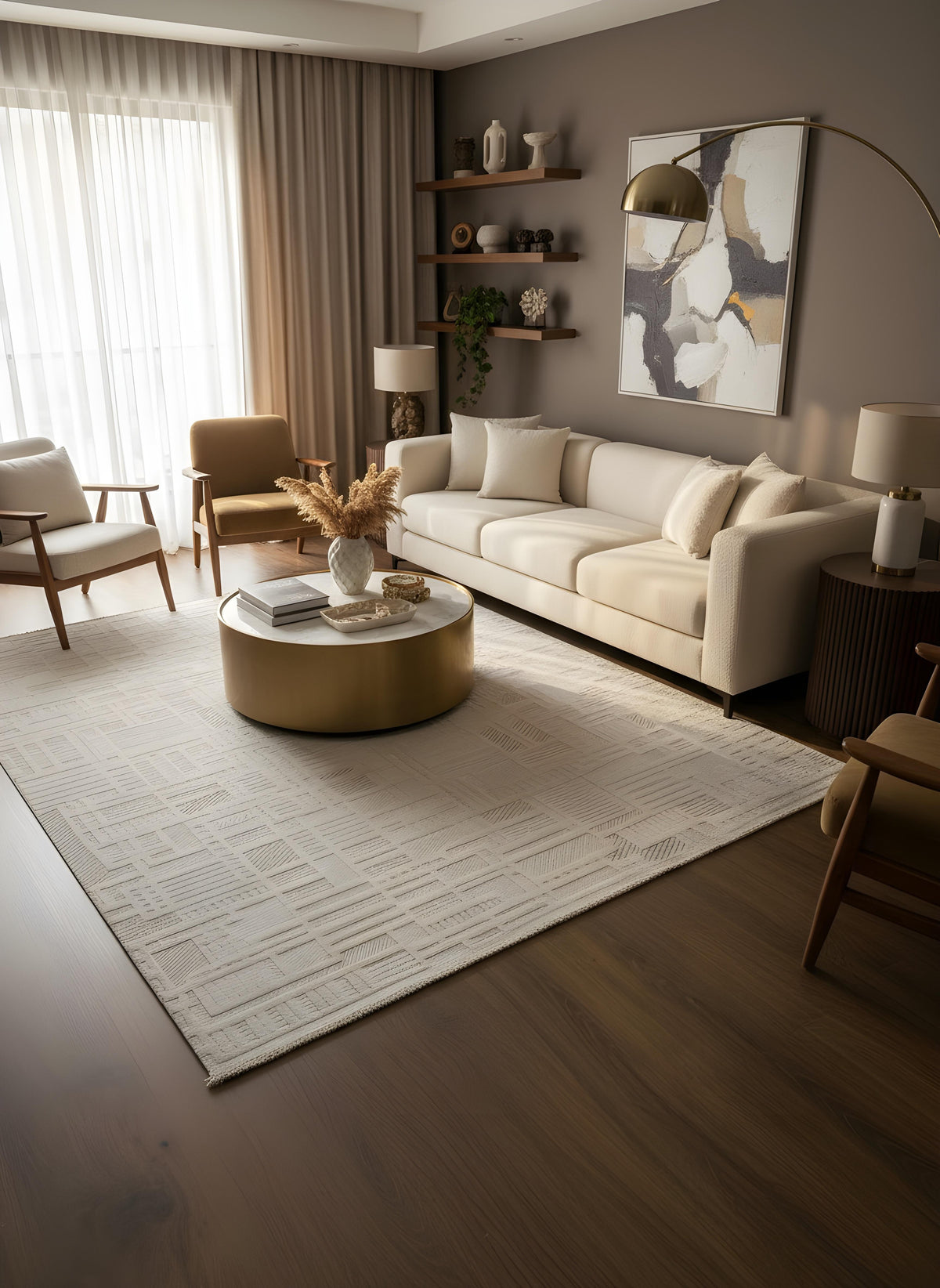 MYRA 448 Bej Geometrik Desenli Modern Salon Mutfak Koridor Balkon Halısı