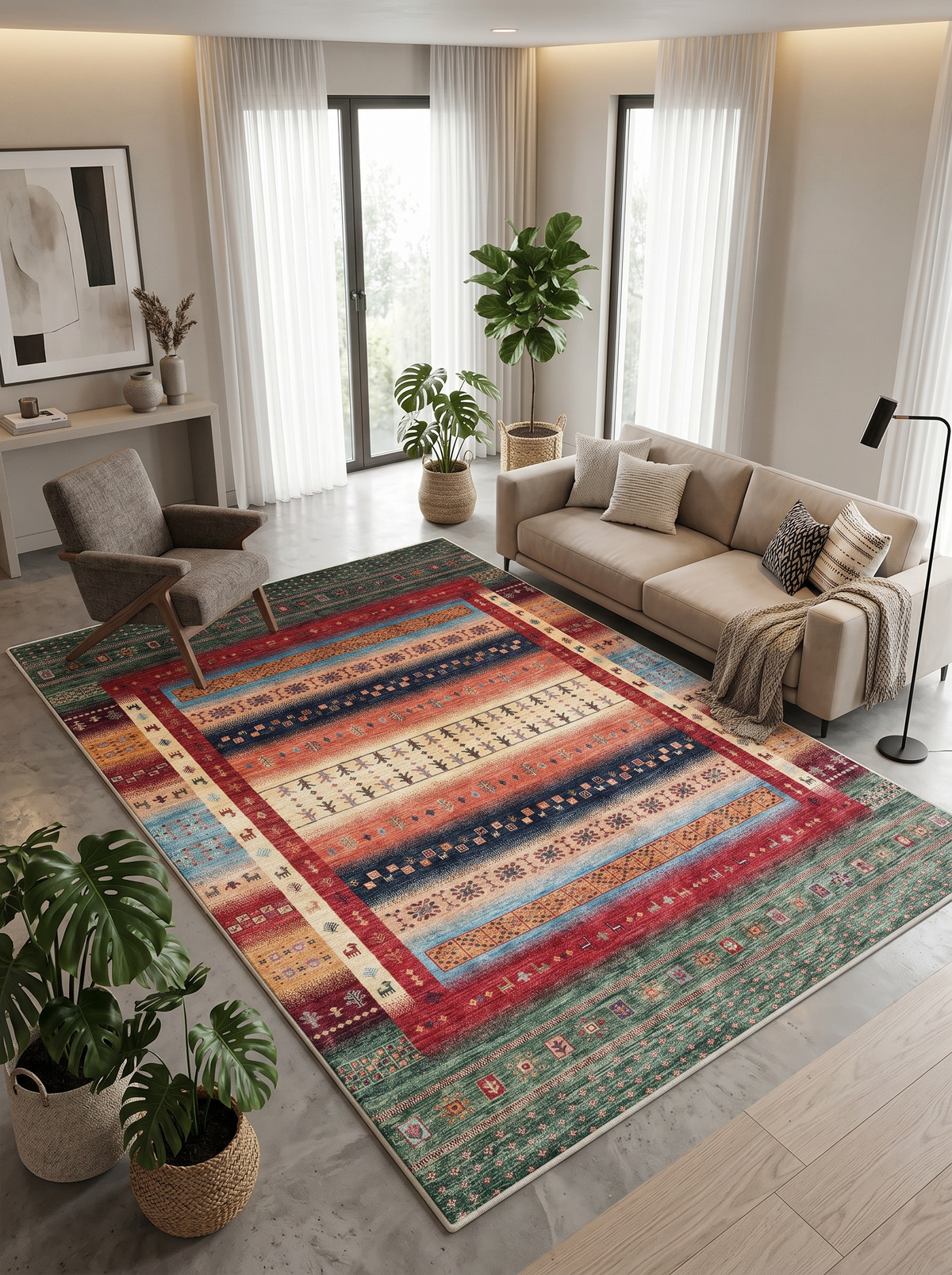 yıkanabilir kaymaz taban şönil dokuma halı 80x200 yesil; kirmizi; renkli