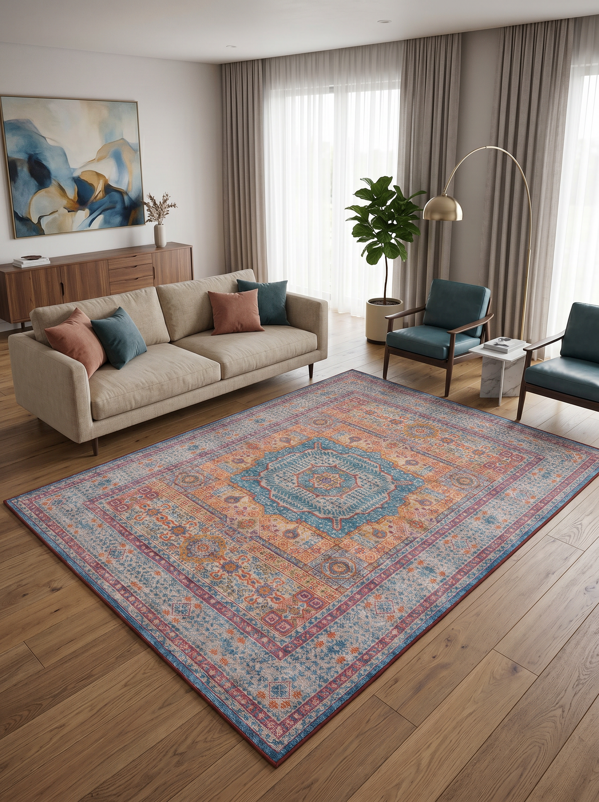 yıkanabilir kaymaz taban şönil dokuma halı 80x100 turuncu; mavi; renkli