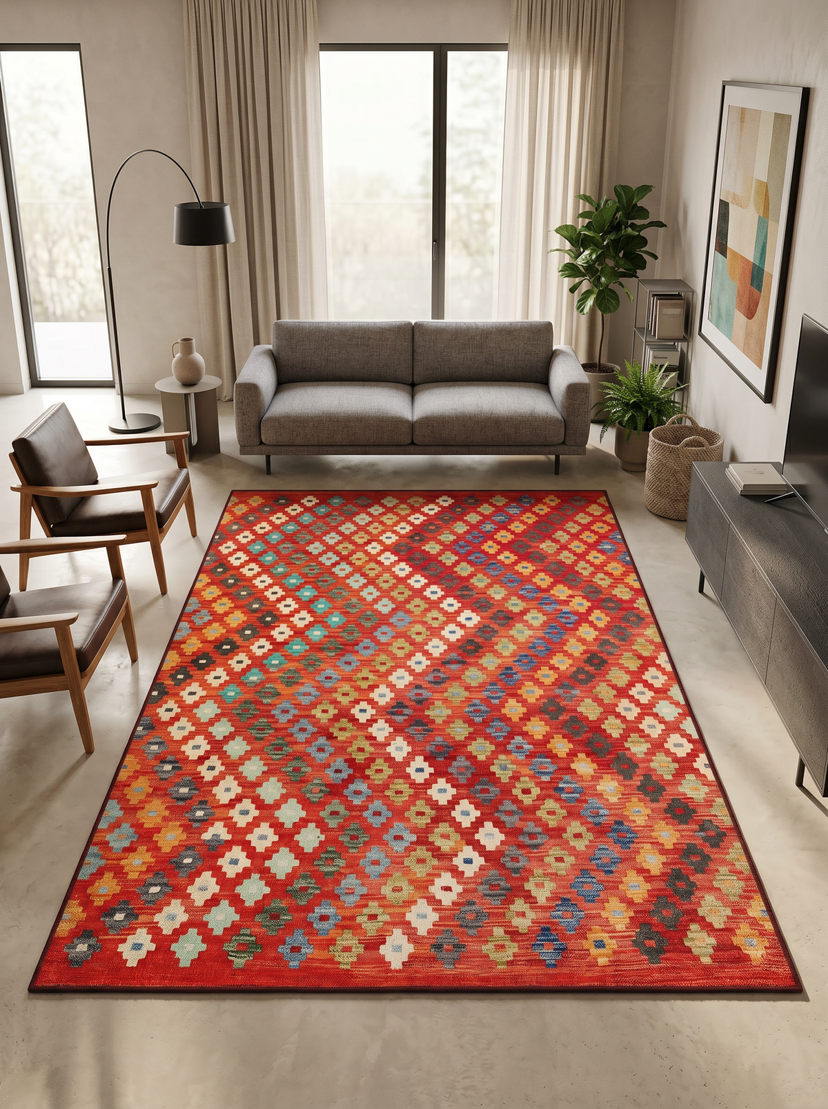 yıkanabilir kaymaz taban şönil dokuma halı 200x250 (5 m²) kirmizi; turuncu; renkli