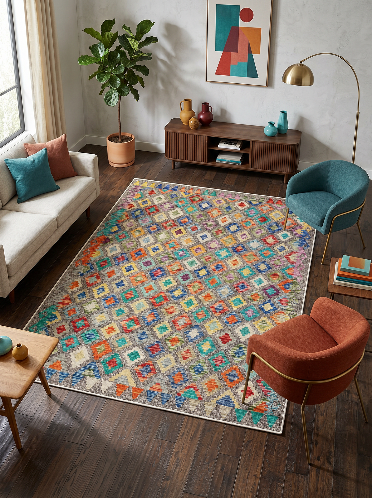 Arte VN123-1 Modern Geometrik Desenli Renkli Dekoratif Şönil Halı