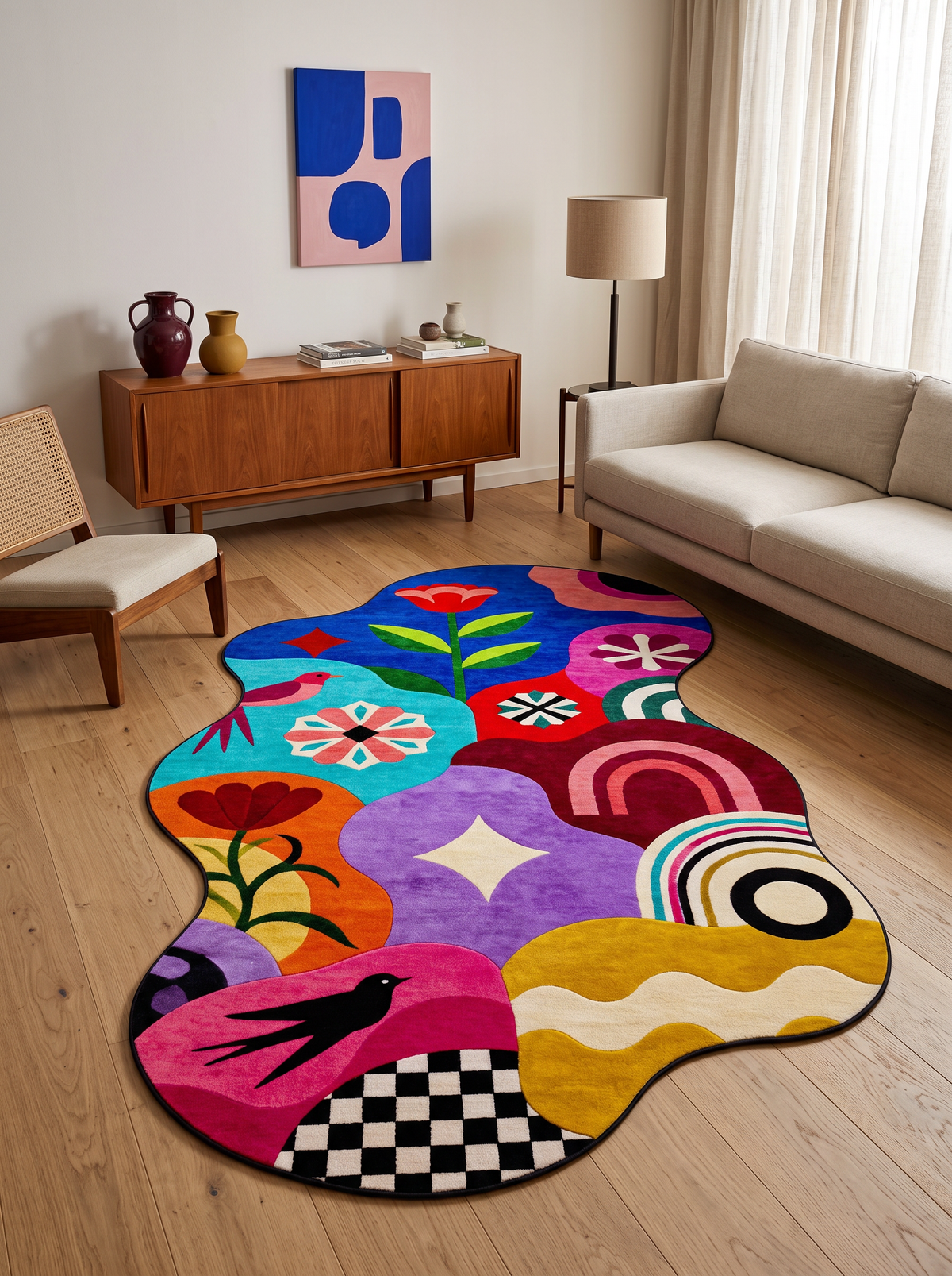 Arte AST063 Asimetrik Kesimli Modern Figürlü Renkli Şönil Halı