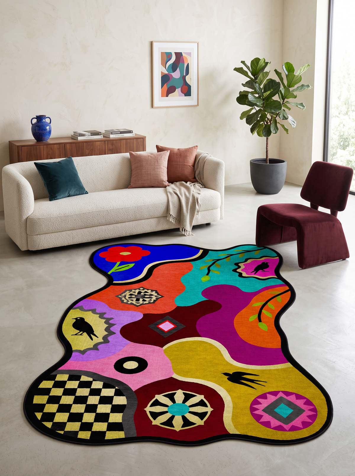 Arte AST065 Asimetrik Kesimli Modern Figürlü Renkli Şönil Halı