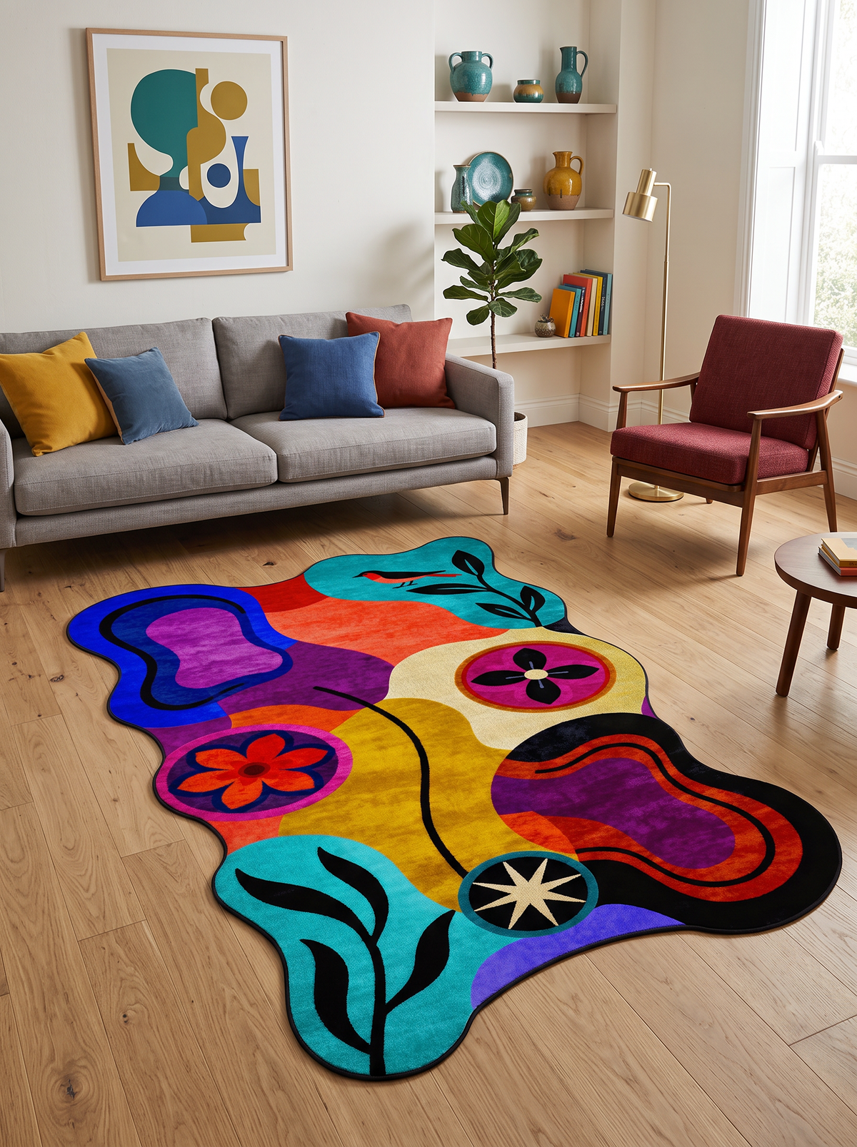 Arte AST061 Asimetrik Kesimli Modern Figürlü Renkli Şönil Halı