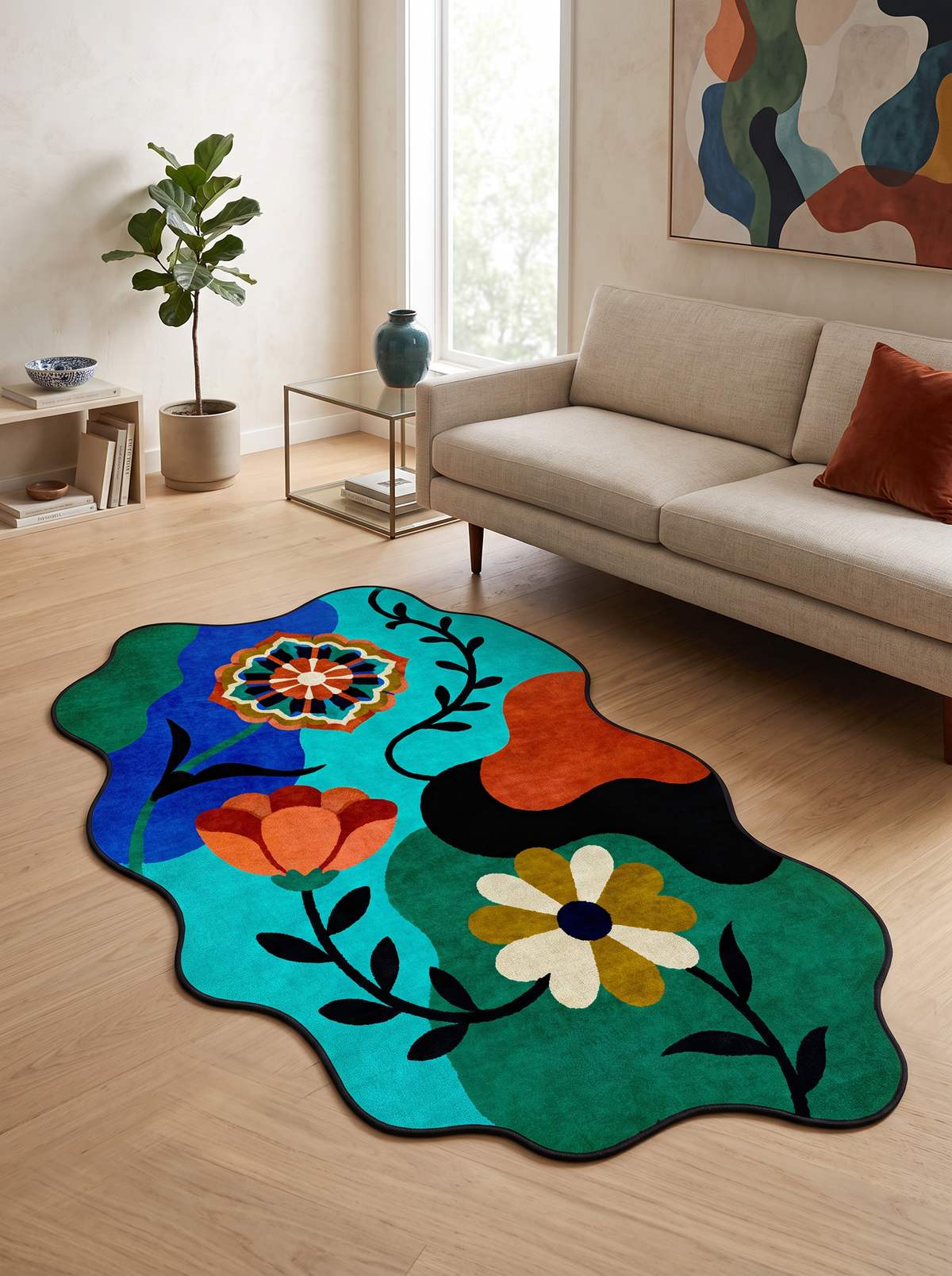 Arte AST068 Asimetrik Kesimli Modern Figürlü Renkli Şönil Halı