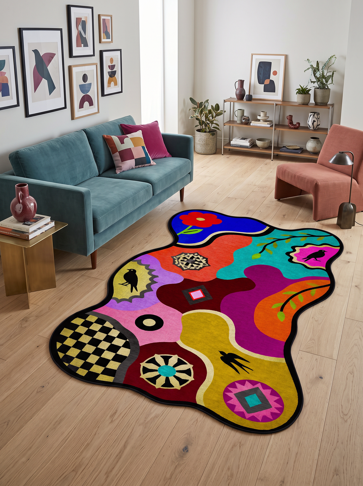 Arte AST065 Asimetrik Kesimli Modern Figürlü Renkli Şönil Halı