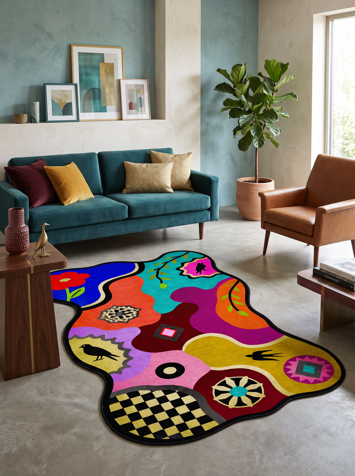 Arte AST065 Asimetrik Kesimli Modern Figürlü Renkli Şönil Halı