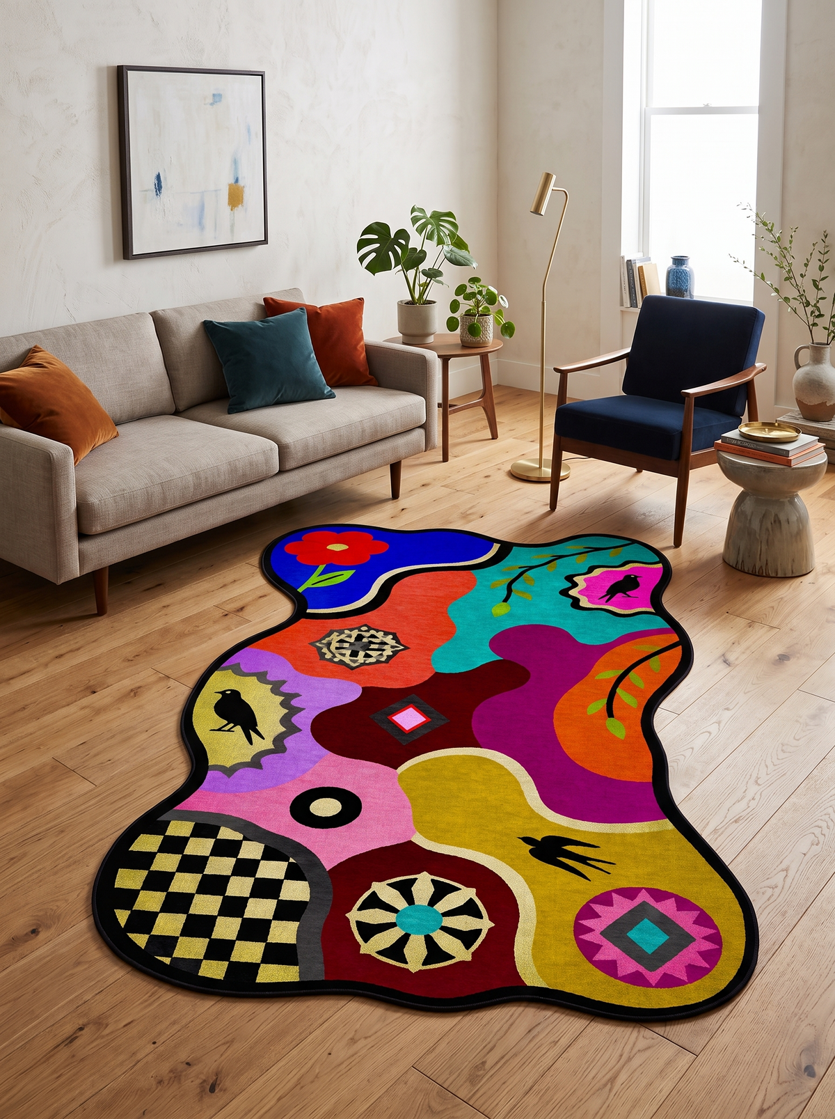 Arte AST065 Asimetrik Kesimli Modern Figürlü Renkli Şönil Halı