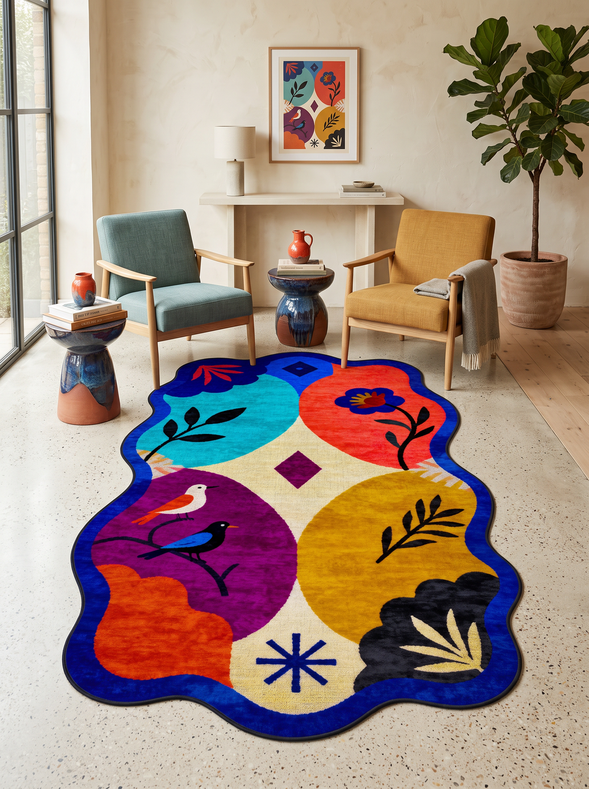 Arte AST066 Asimetrik Kesimli Modern Figürlü Renkli Şönil Halı