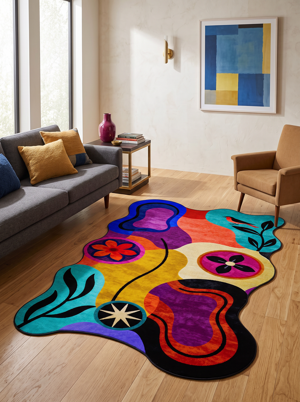 Arte AST061 Asimetrik Kesimli Modern Figürlü Renkli Şönil Halı