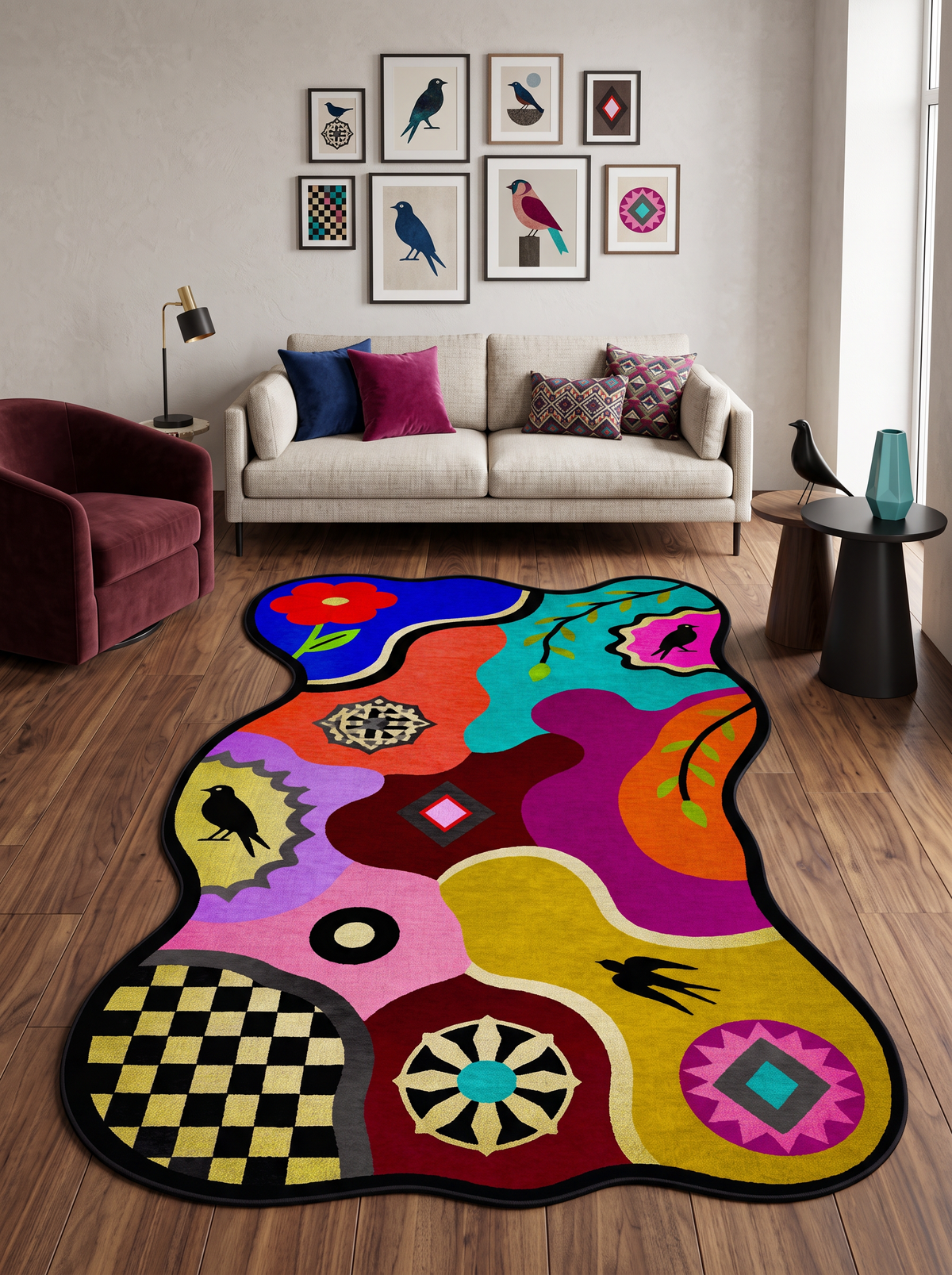 Arte AST065 Asimetrik Kesimli Modern Figürlü Renkli Şönil Halı