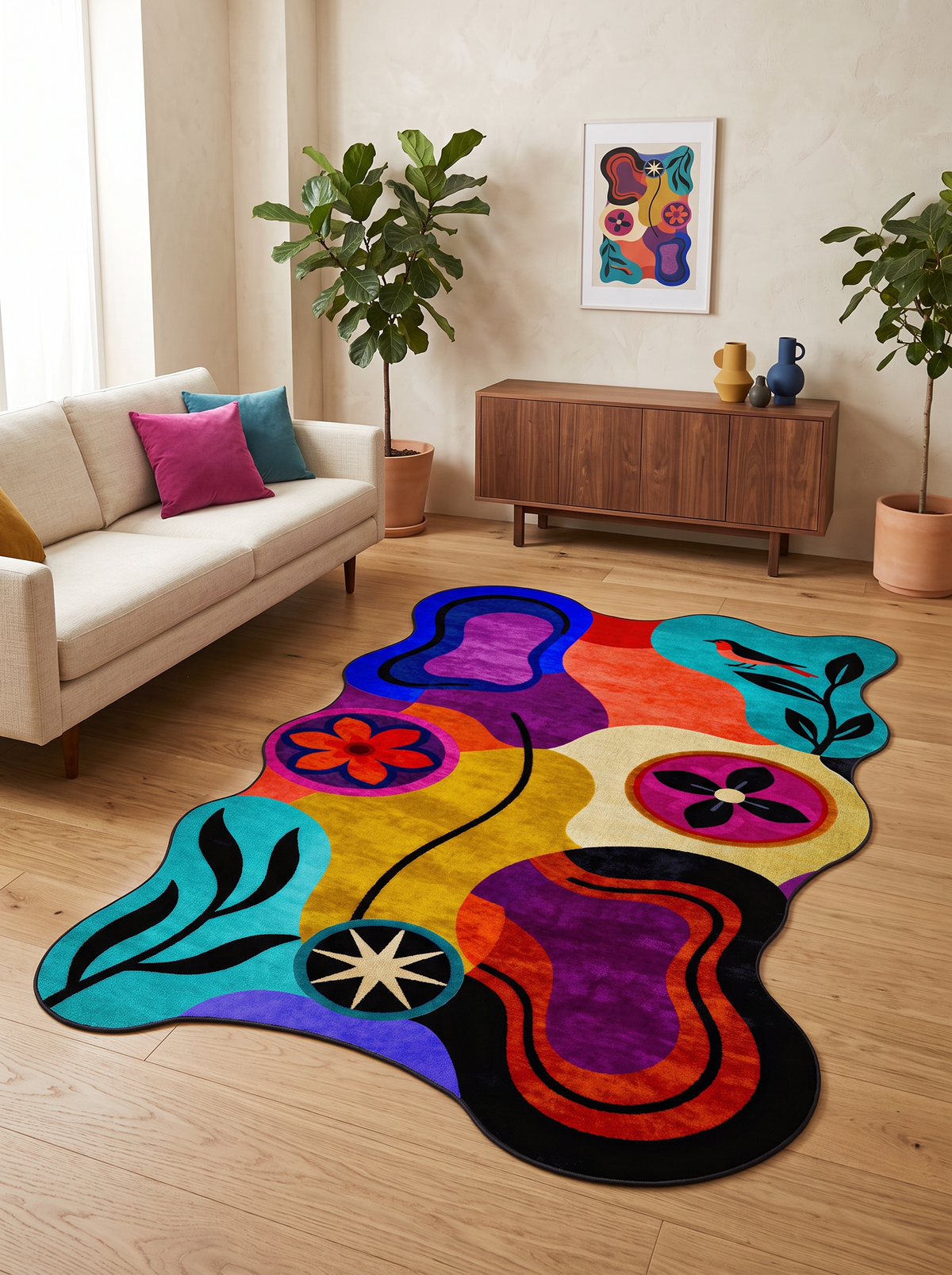 Arte AST061 Asimetrik Kesimli Modern Figürlü Renkli Şönil Halı