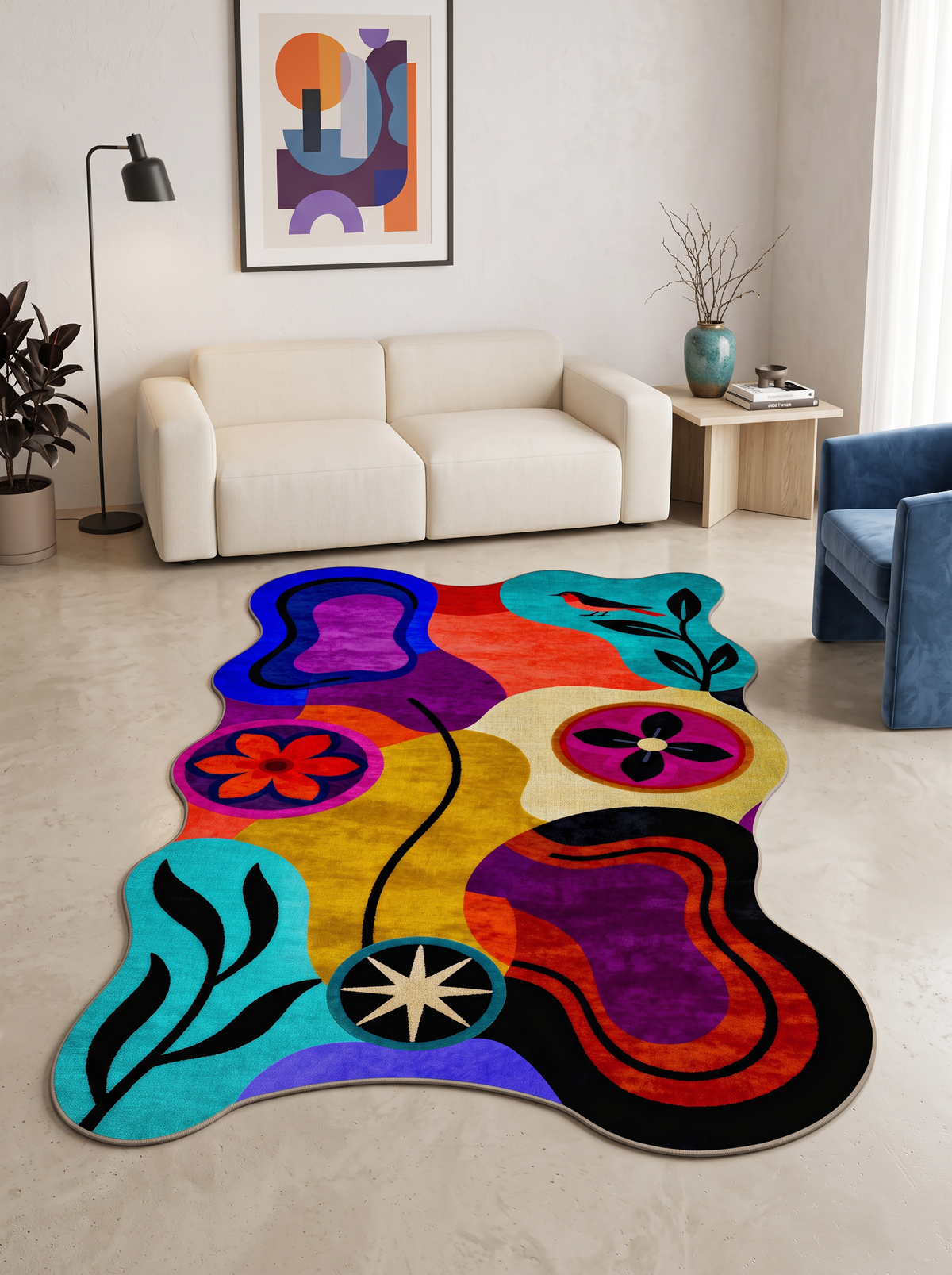 Arte AST061 Asimetrik Kesimli Modern Figürlü Renkli Şönil Halı